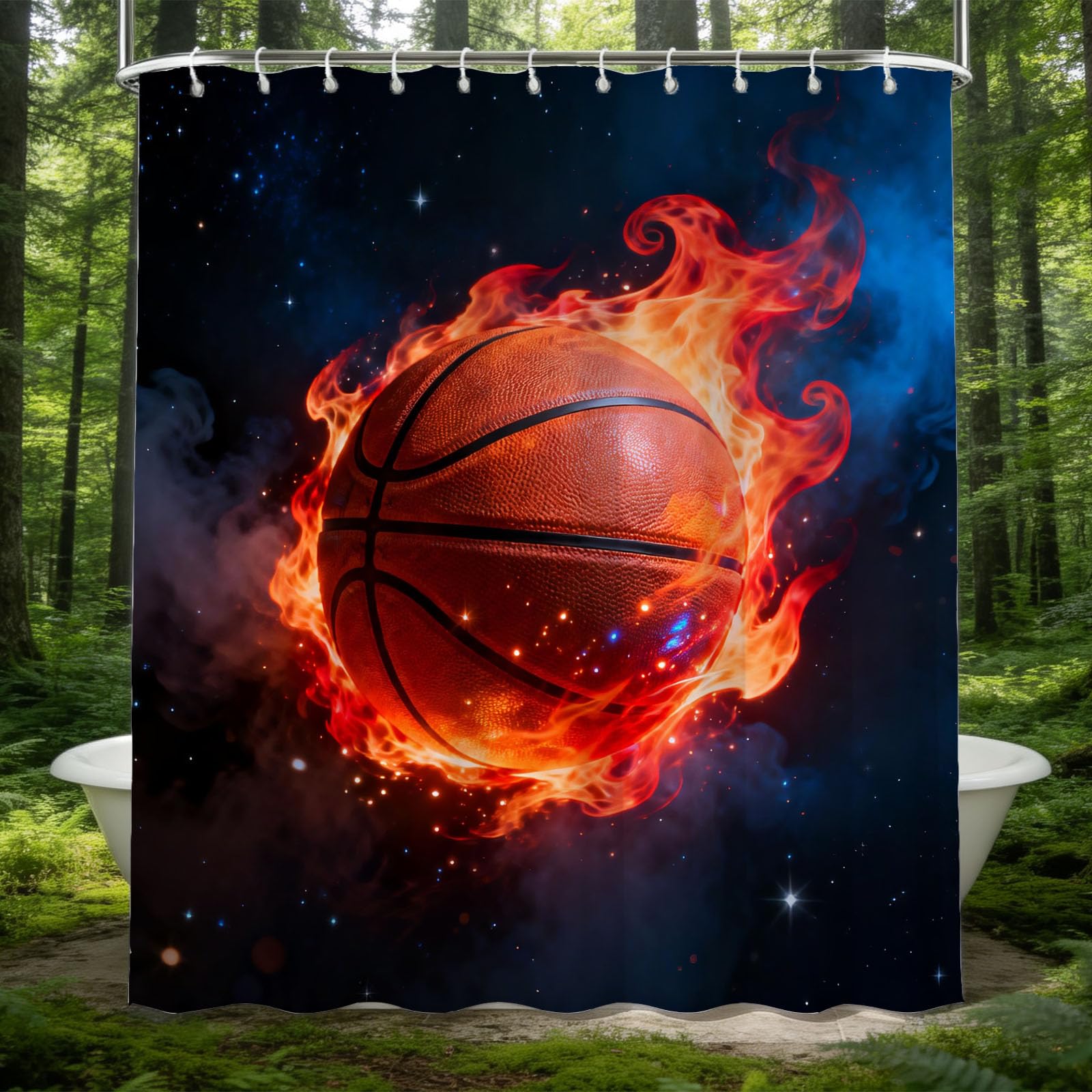 Hongduo 3D Flame Basketball Shower Curtain for Stalls Bathtubs Sports Bathroom Decor Shower Curtain Set Polyester Fabric Waterproof 180x200cm/71X79 Inch with Hooks