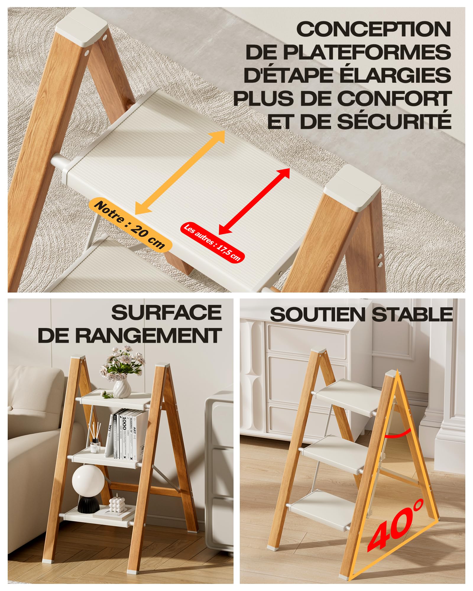 Échelle Pliable 3 Marches, Tabouret Escalier Aluminium | Capacité 150 Kg, Échelle Pieds Antidérapants & Larges Marches, Usage Intérieur-Extérieur, Design Aspect Bois, Blanc
