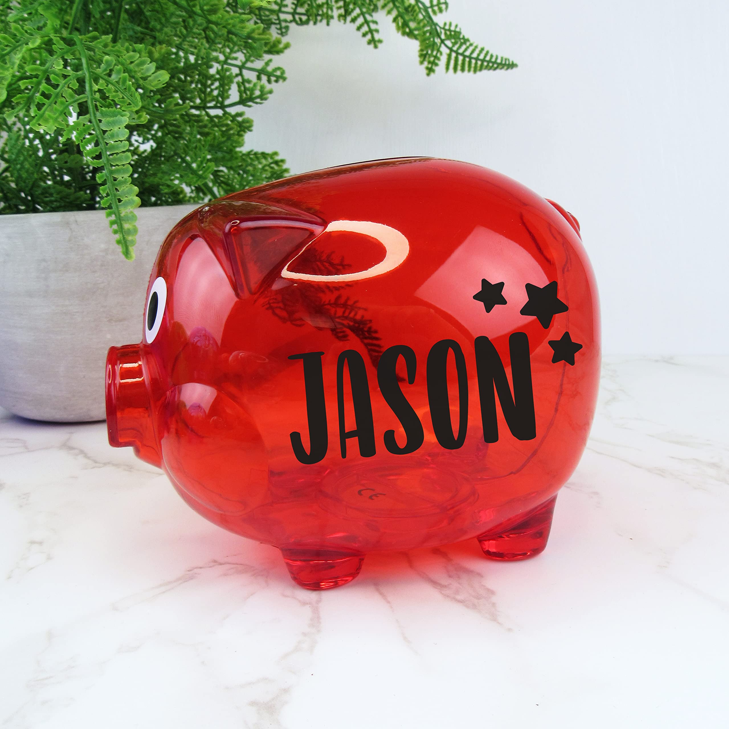 eBuyGB Personalised Transparent Plastic Piggy Bank, Kids Money Box, Saving Money Jar Keepsake for Children, Novelty Gift (Red)