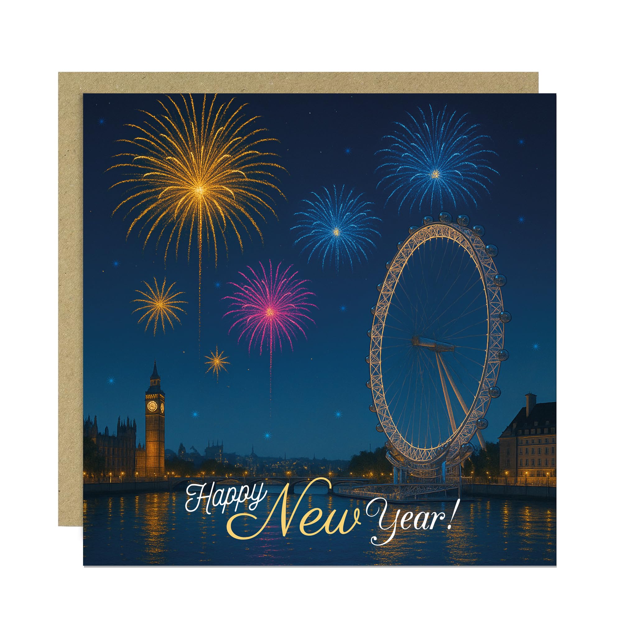 RED OCEAN Happy New Year Greetings Card For Family Friends London New Years Eve Celebration Card For Him Her Men Women 145x145mm With Kraft Envelope