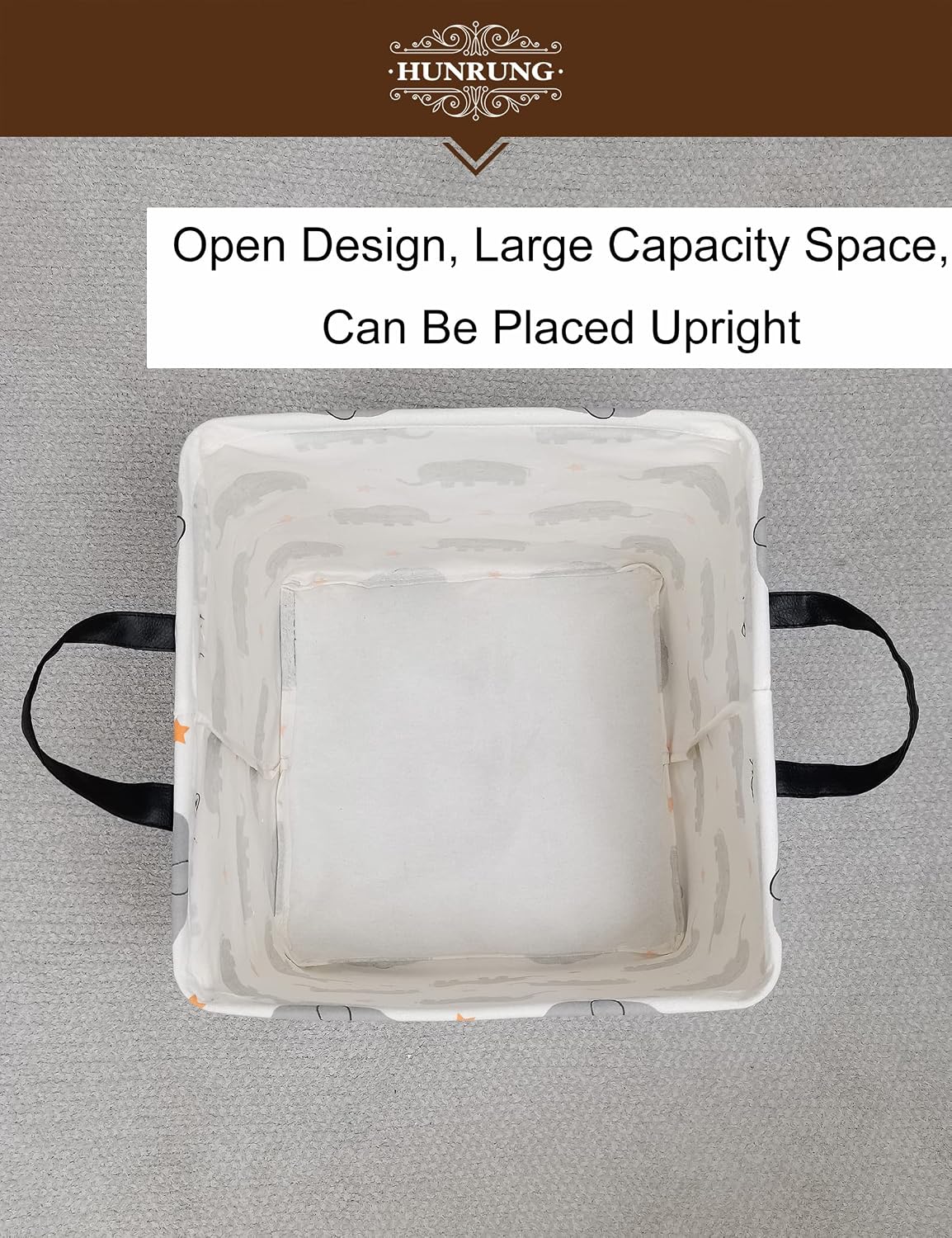 HUNRUNG Square Storage Bins Nursery Hamper Canvas Laundry Basket Foldable with Waterproof Nursery Boxes for Shelves/Gift Baskets/Toy Organizer/Office, Bedroom(Square-Grey Elephant)