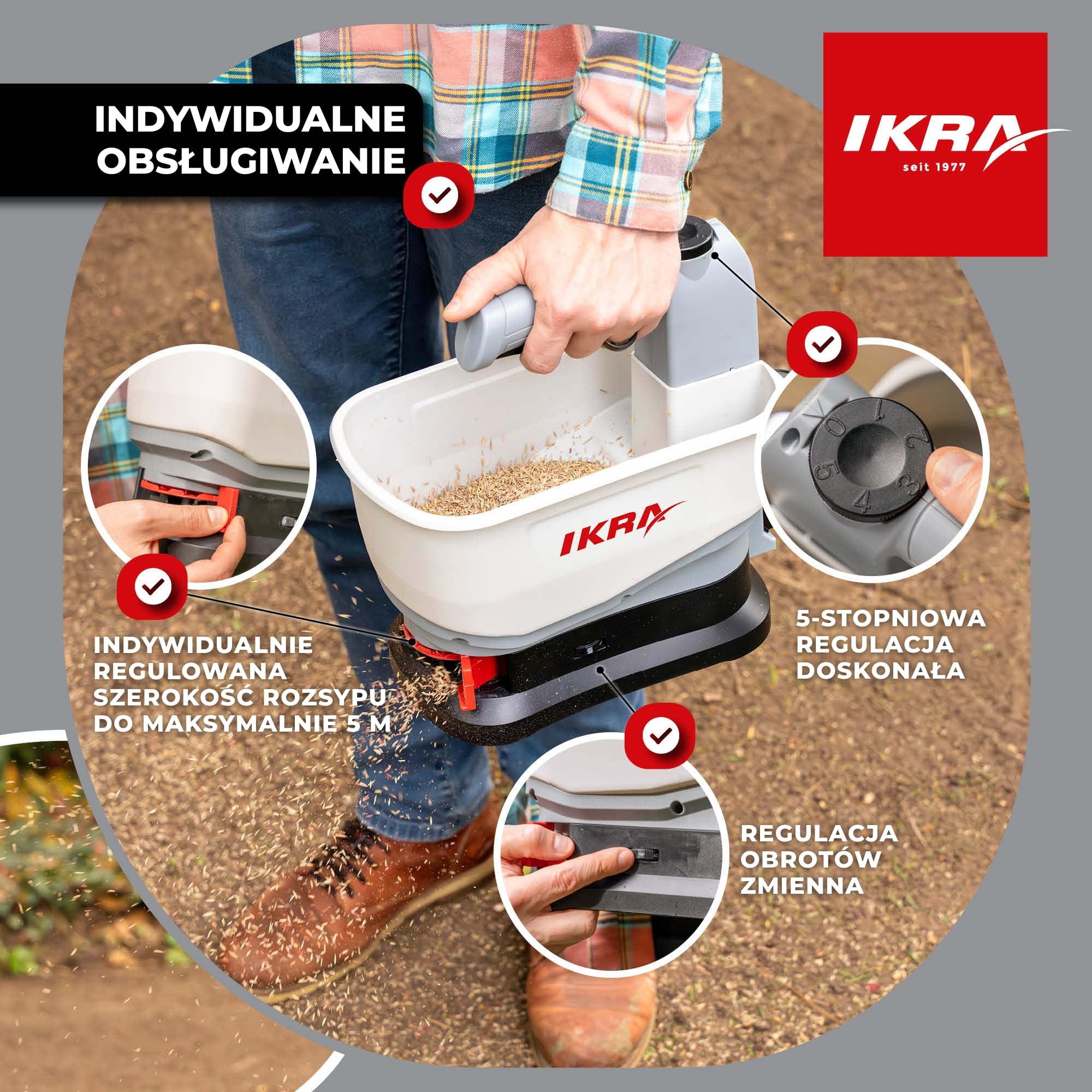 IKRA Uniwersalny rozsiewacz IAST 12, zasięg 5 m, akumulator i ładowarka | Na każdą porę roku: Efektywne rozsiewanie nawozu, soli, nasion i karmy, kompatybilny z akumulatorami IKRA 12V
