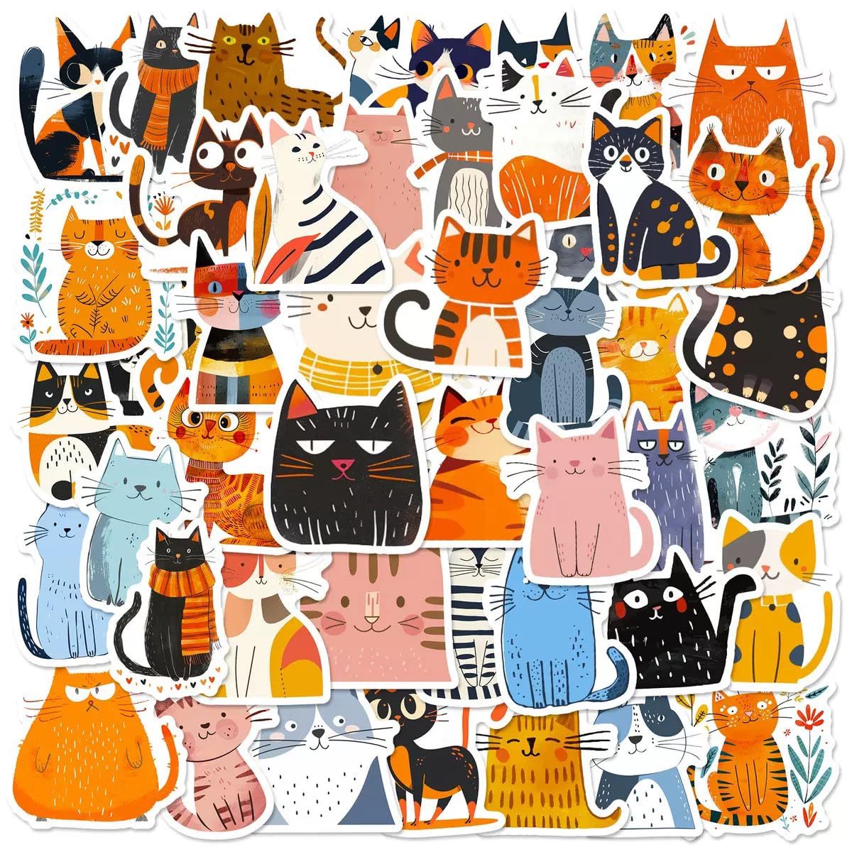 50 adesivi per gatti e piante,graziosi adesivi impermeabili per gatti neri, cartoni animati Kawaii, laptop, in vinile, per skateboard, bicicletta, ciclomotori, moto, scrapbooking(colore)
