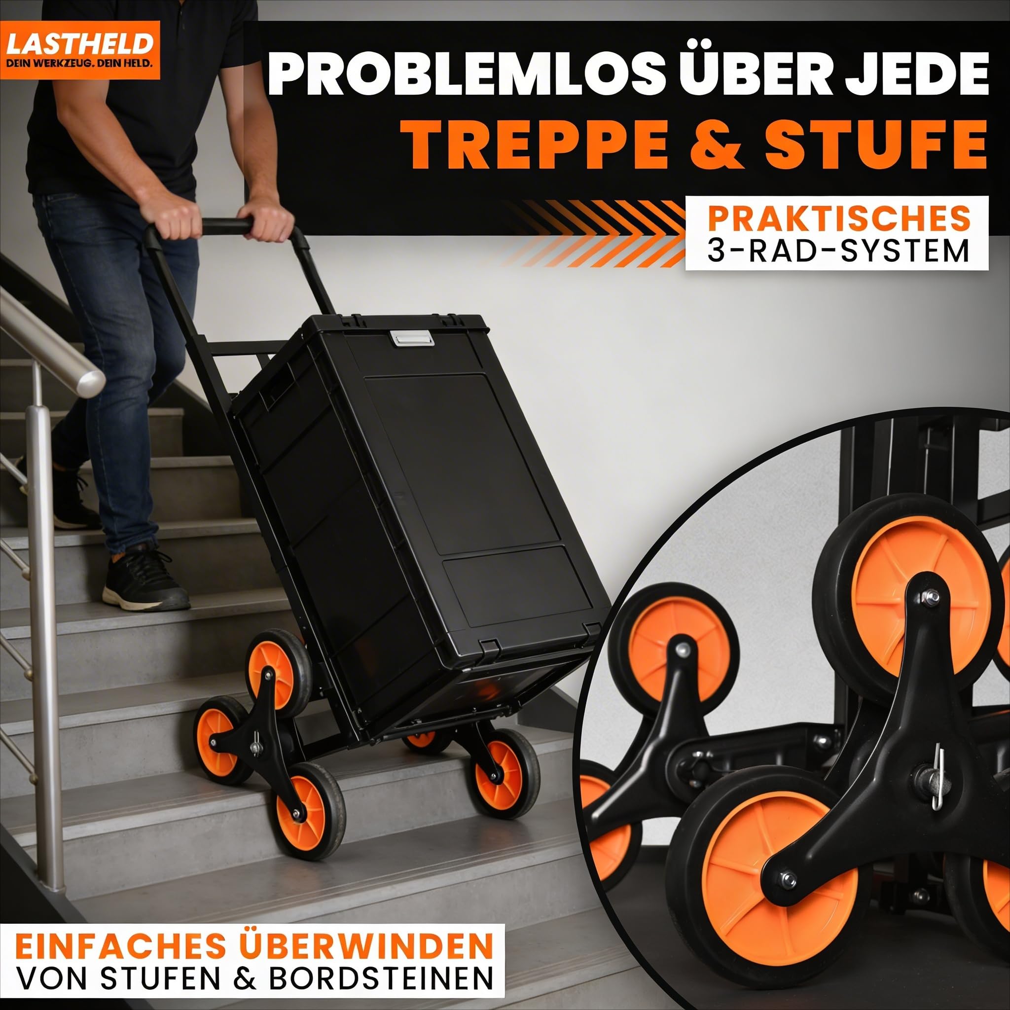 LASTHELD Sackkarre klappbar Treppensteiger | Treppensackkarre Transportkarre 2-in-1 | Treppenkarre Transportwagen Sackrodel Stapelkarre Treppenwagen faltbar | Stahl 150 kg