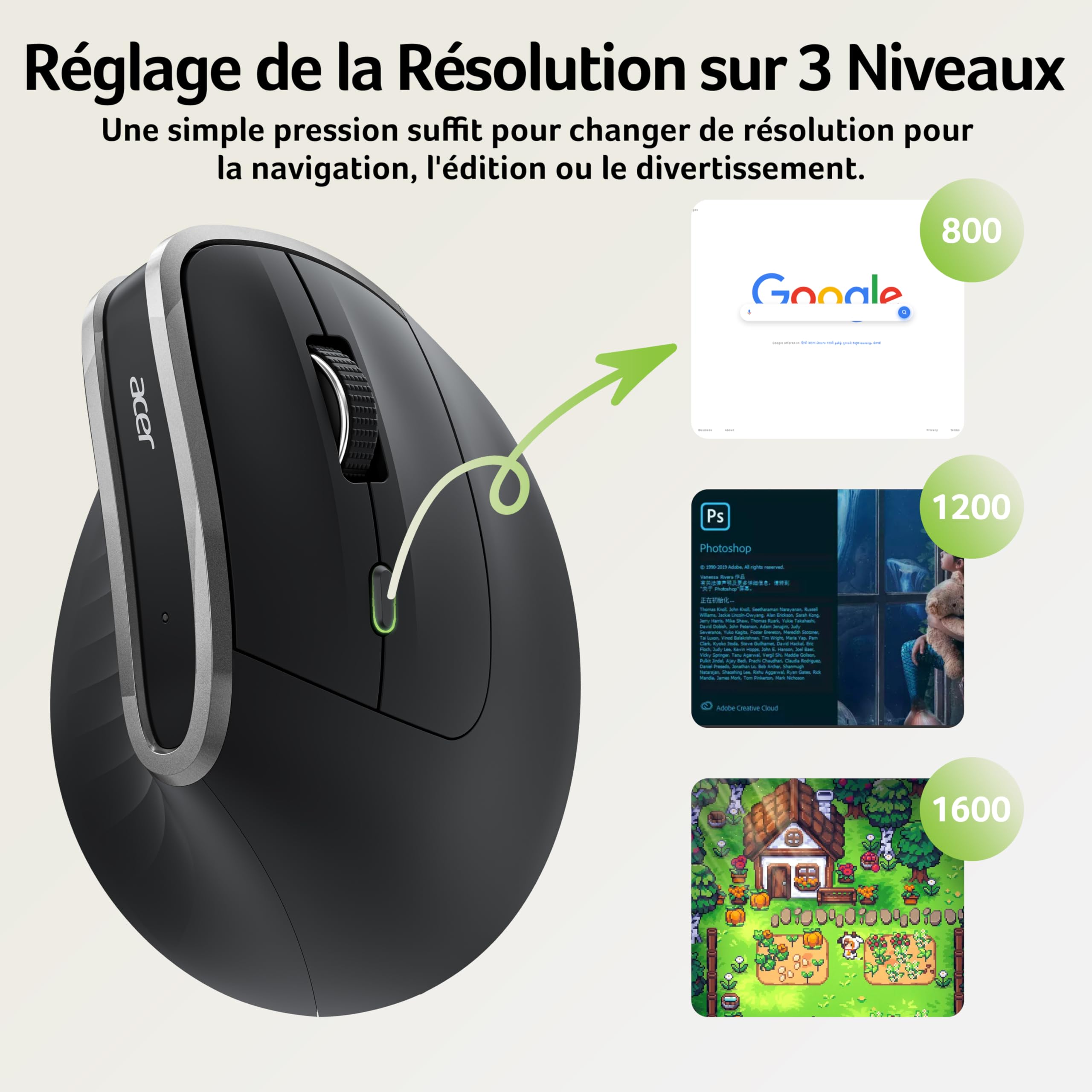 Acer Souris Ergonomique sans Fil, 2,4 GHz Souris Rechargeable, Verticale Mouse 1600PPP, 6 Boutons, Souris d'Ordinateur avec récepteur USB pour PC, iMac, Ordinateur de Bureau