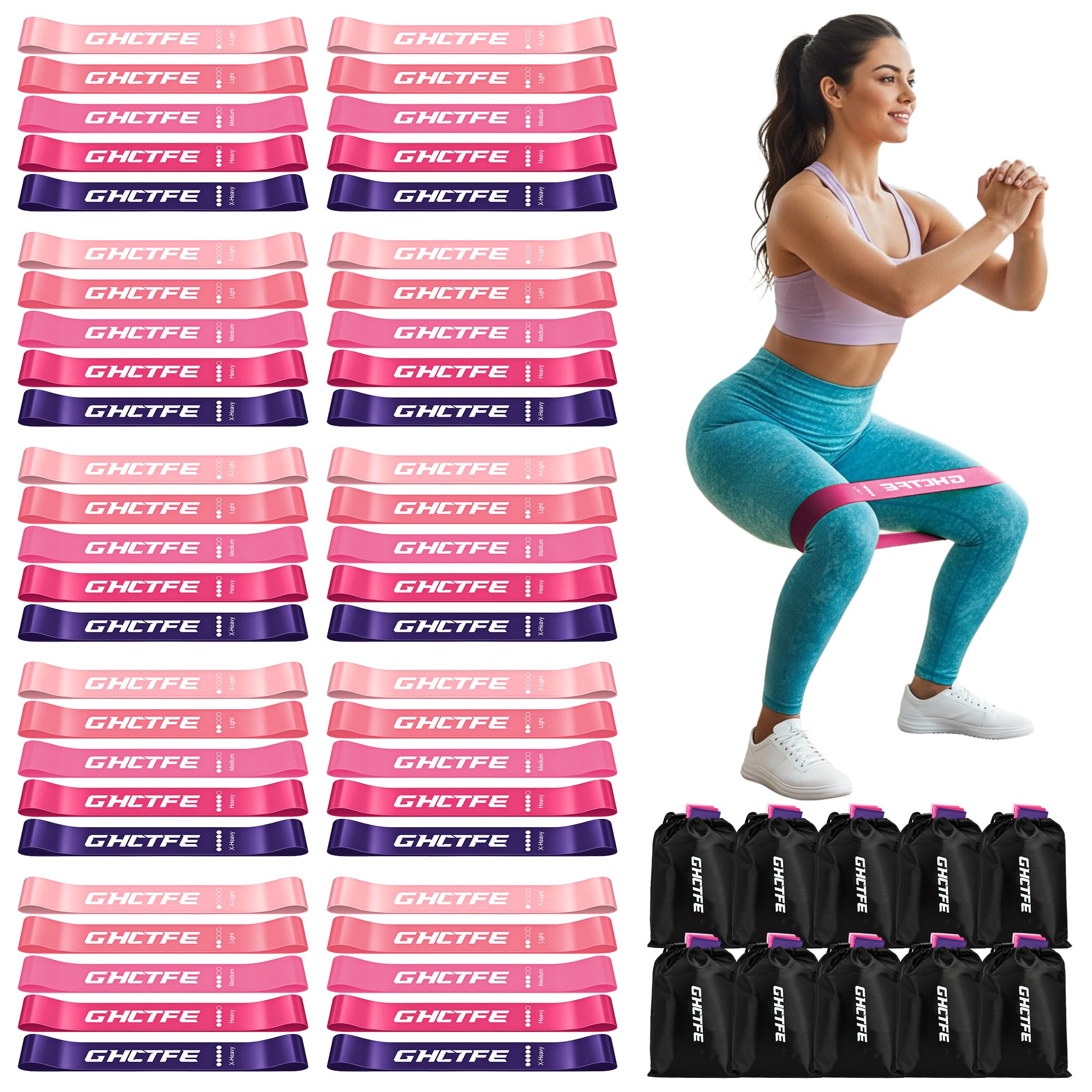 50PCS Resistance Bands Bulk Pack for Gym Studios Trainers Schools 10 Mini Bands Sets 5 Levels Color-Coded Durable