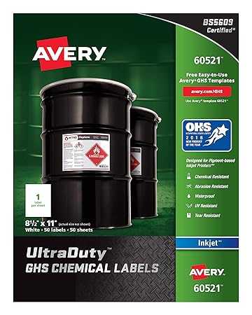 Avery Ultra Duty GHS Chemical Labels for Pigment Inkjet Printers, Waterproof, UV Resistant, 8.5