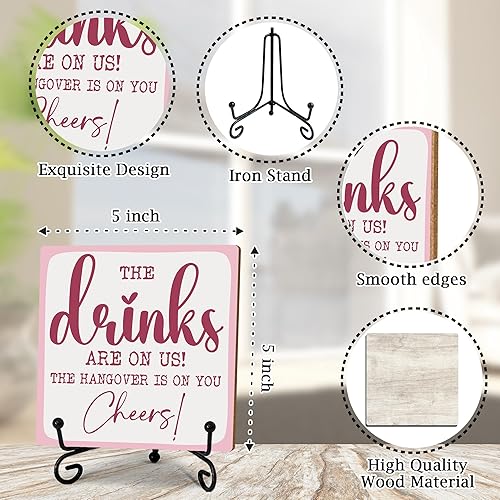 Miniatura 2 de Letrero de madera de 5 pulgadas, con texto en inglés "The Drinks Are On Us The Hangover Is On You, Cheers! Bar Home Bar, decoración de mesa,