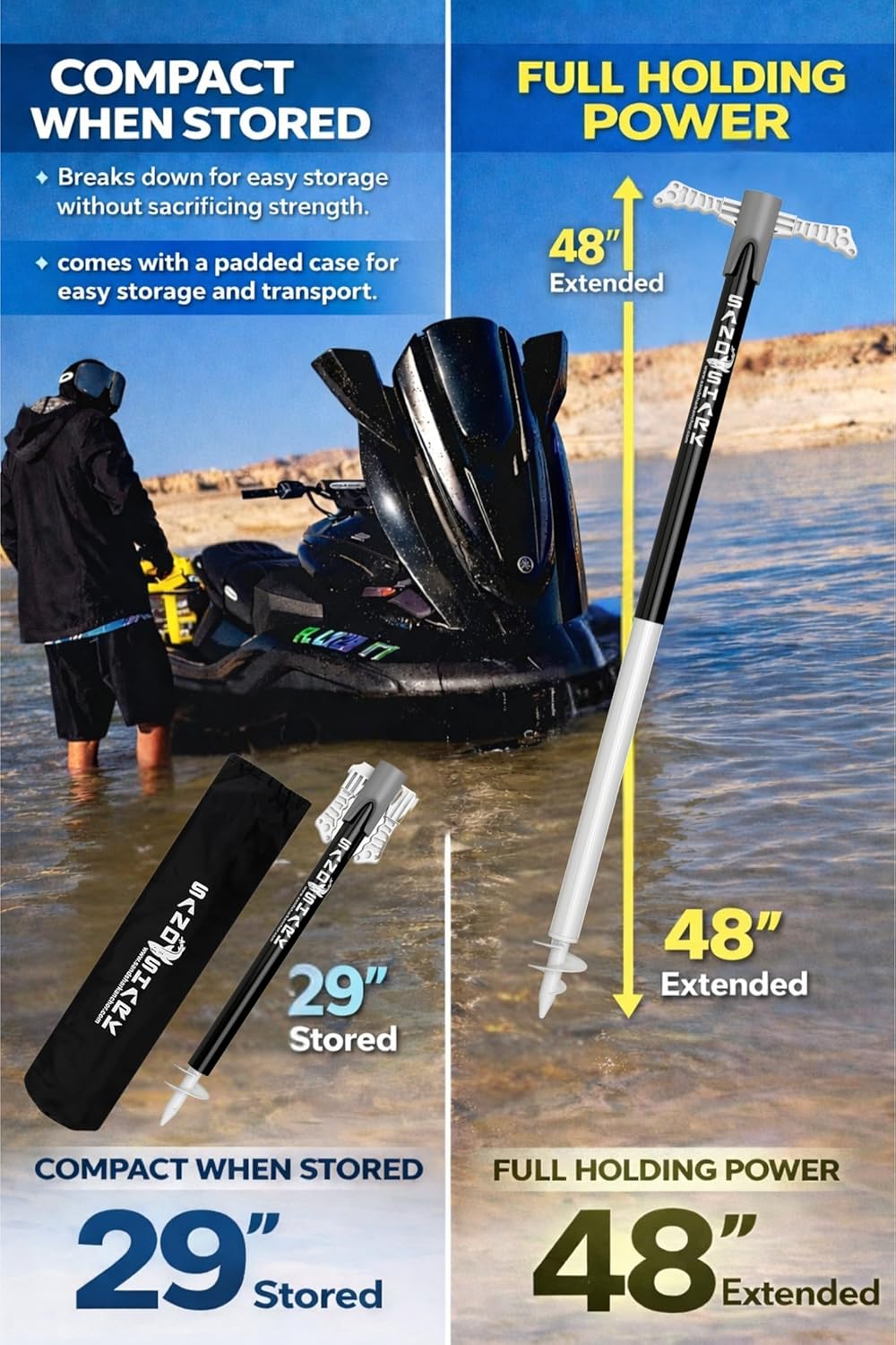 SandShark Supersport 3.0 Shallow Water Anchor - Great Jet Ski, PWC, Pontoon Boat Accessory - Adjusts 29"-48" w/Case