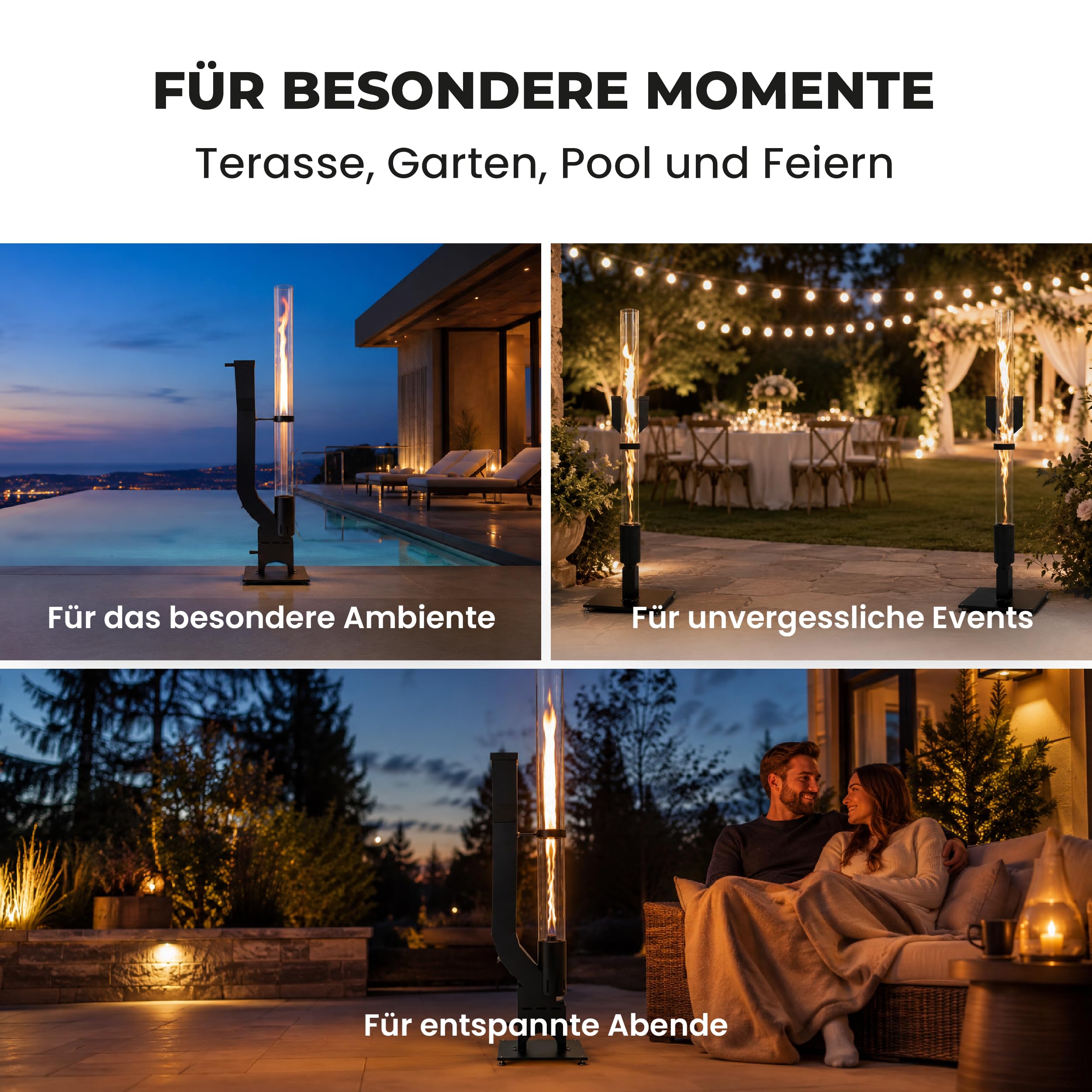 Lemodo Pelletfackel Prime XL, Feuersäule Outdoor mit Glasröhre, für Garten & Terrasse, für Holzpellets, stimmungsvolle Flamme, stilvoller Blickfang für gemütliche Abende (Prime XL)