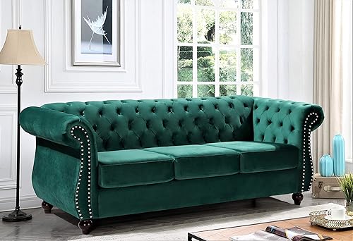 Miniatura 7 de Container Furniture Direct Feinstein - Moderno terciopelo tapizado para sala de estar con diamantes copetudos Chesterfield con clavos brillantes,