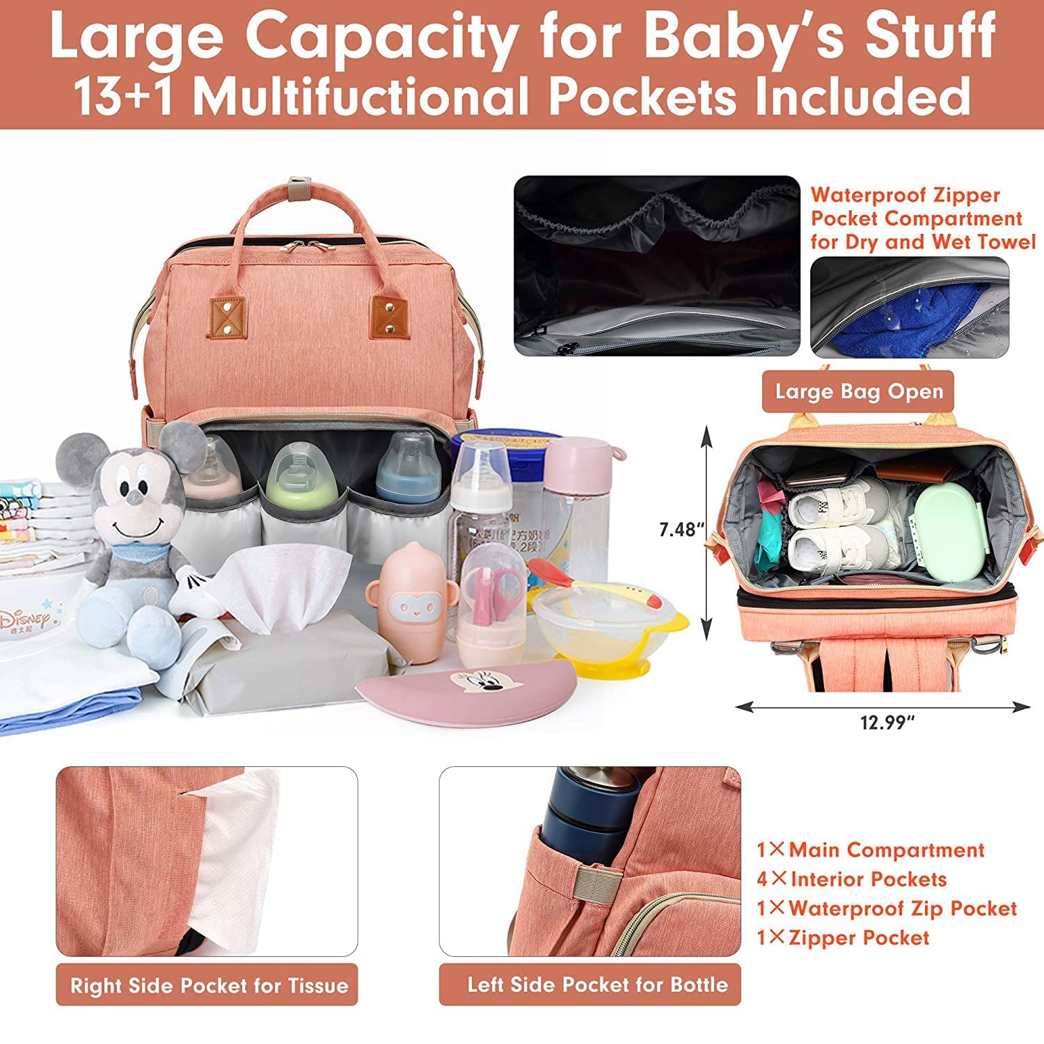 Yeerovan Diaper Bag Backpack with Changing Station 3 in 1 Multifunction Backpack Portable Travel Mommy Bag Stroller (3037-Pink)