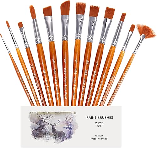 H&S Juego de pinceles para pintura al óleo, acuarela y pintura acrílica, 12 piezas, pinceles profesionales de punta plana y redonda, con pelo