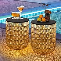 HMVPL Solar Outdoor Side Table Set of 2 with Dimmable Lights - Weatherproof Rattan Round Patio End Tables for Poolside, Backyard, Gazebo, Dusk to Dawn