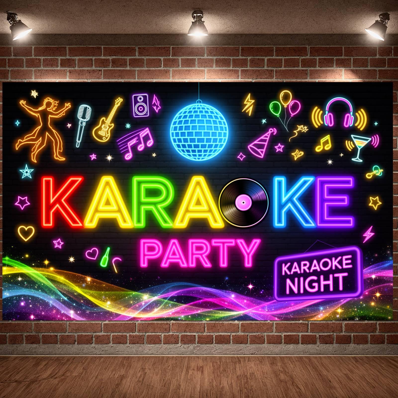 Karaoke Party Banner Backdrop for Karaoke Night Neon Music Celebration