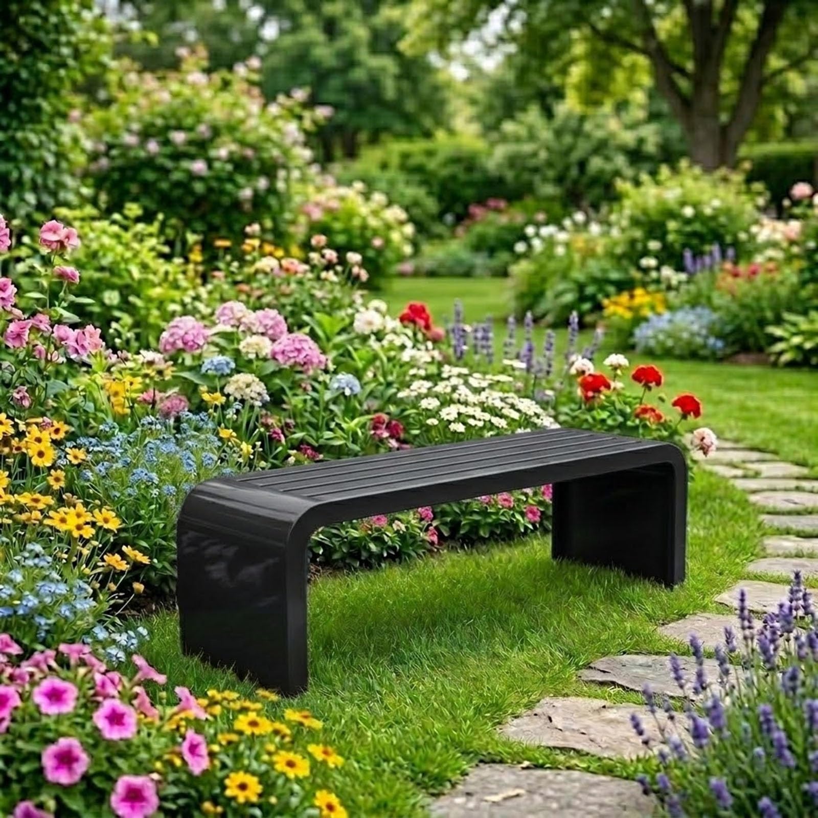 Banco de Exterior Impermeable para Patio, Asiento de Jardín en Acero Inoxidable Sin Respaldo, Estructura de Metal Resistente, Estilo Art Deco para Parque Balcón Porche, 300kg
