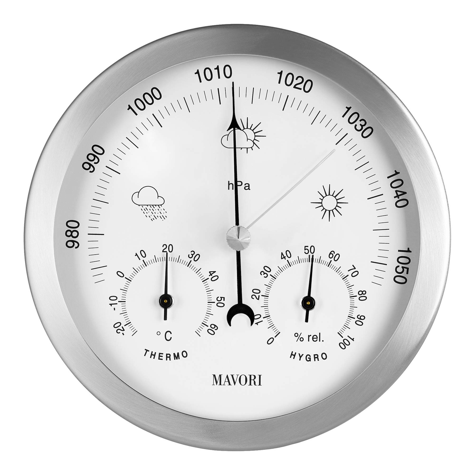 Weather Station Analogue - 3 in1 barometer indoor, Hygrometer & Thermometer - weather barometer indoor and barometer outdoor - Ø 13,5cm Stainless Steel Frame in modern design