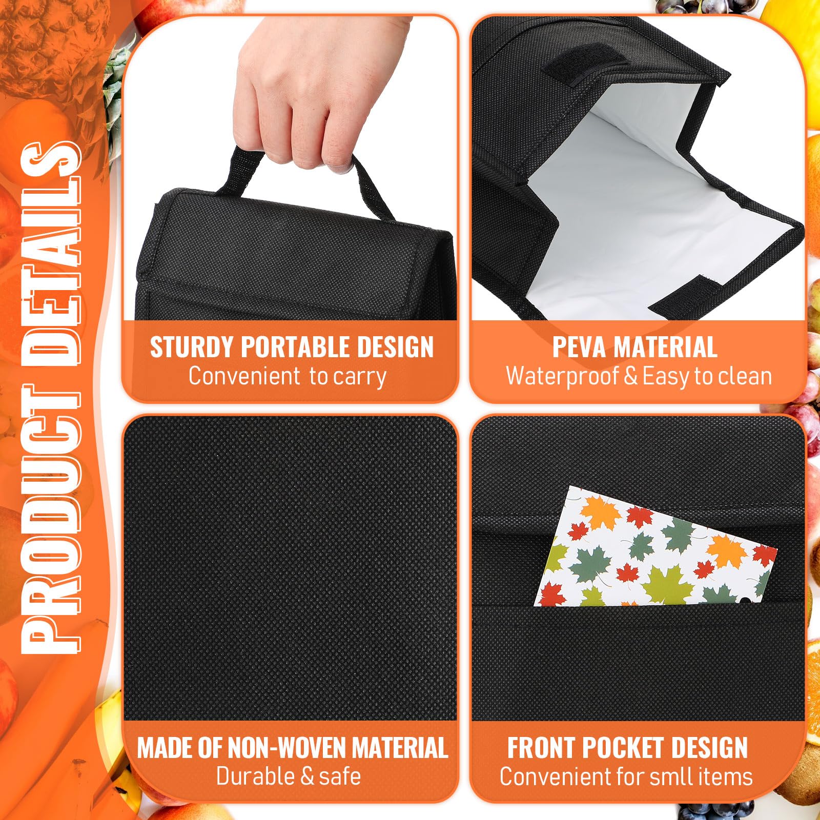 Isolierte Lunch-Taschen mit Klettverschluss, schwarz, wiederverwendbar, wasserdicht, Lunch-Tasche, isolierte Lunchboxen, Großpackung mit Aluminiumfolie, thermisch für Damen und Herren, Büro,