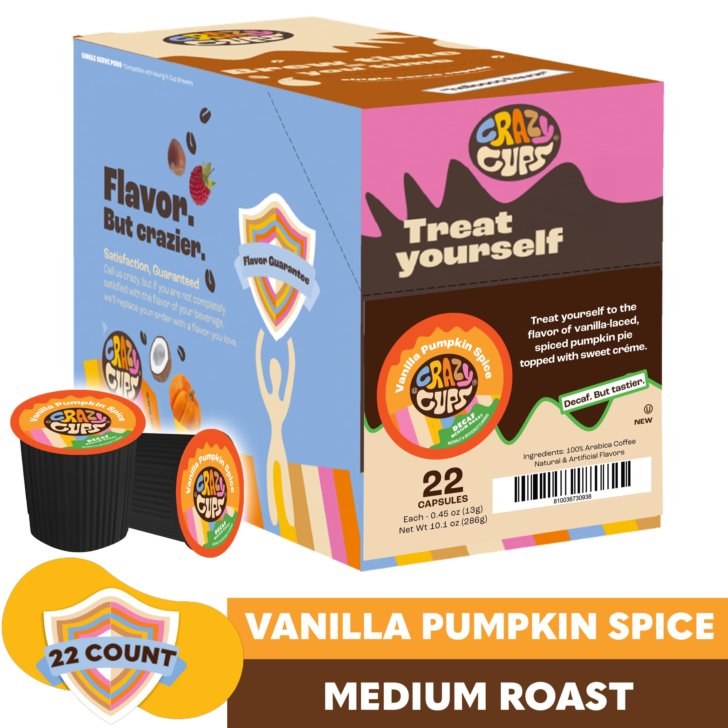 Crazy Cups Bezkofeinowa aromatyzowana wanilia, dynia, przyprawy, kapsułki do kawy, nadające się do recyklingu, średnio palona, pojedyncza porcja do maszyn Keurig K na gorąco lub mrożone, opakowanie 22