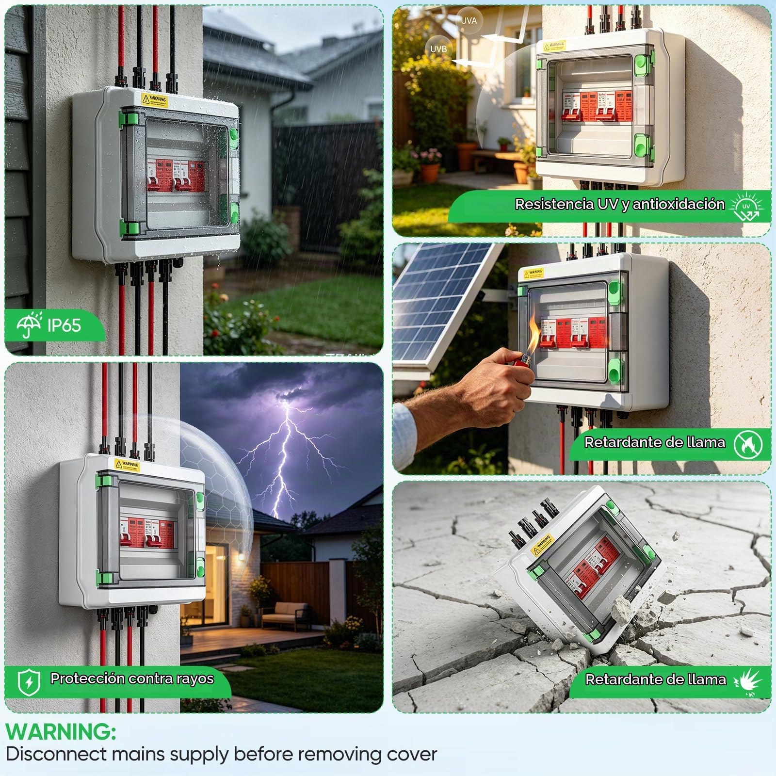 Caja Distribución, Solar Fotovoltaica 1000V 40A 2 en 2 Salida 2 String PV DC Interruptor Aislamiento Caja Combinadora Solar Distribución IP65 Impermeable para Sistemas Solares Fotovoltaico