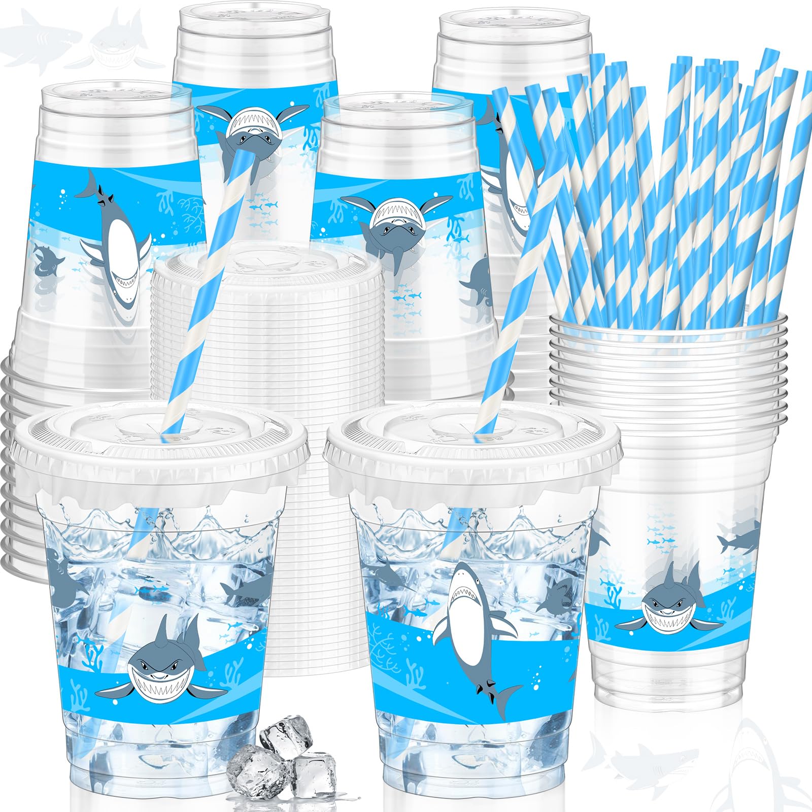 Teenyyou 50 Pcs 12 oz Disposable Plastic Cups with Straws, Lids and Leakproof Paper Clear Birthday Party Cups Supplies Birthday Table Decorations(Shark,Blue)