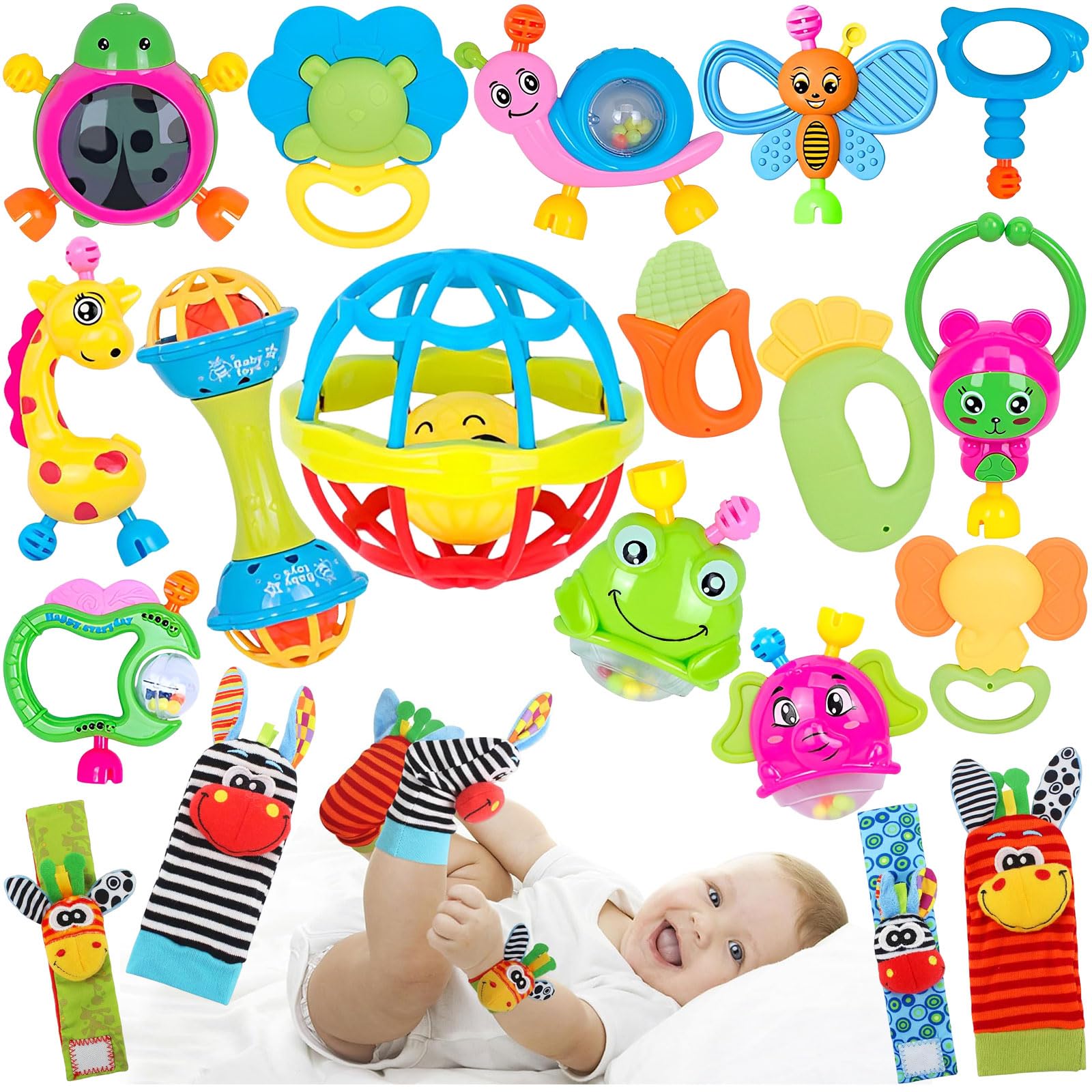 UIEYAKFR Juguetes para Bebé, 19 Piezas, Sonajas, Mordedores, Sonajero Calcetines y Muñequeras, Regalos (Colorido-19 PCS)