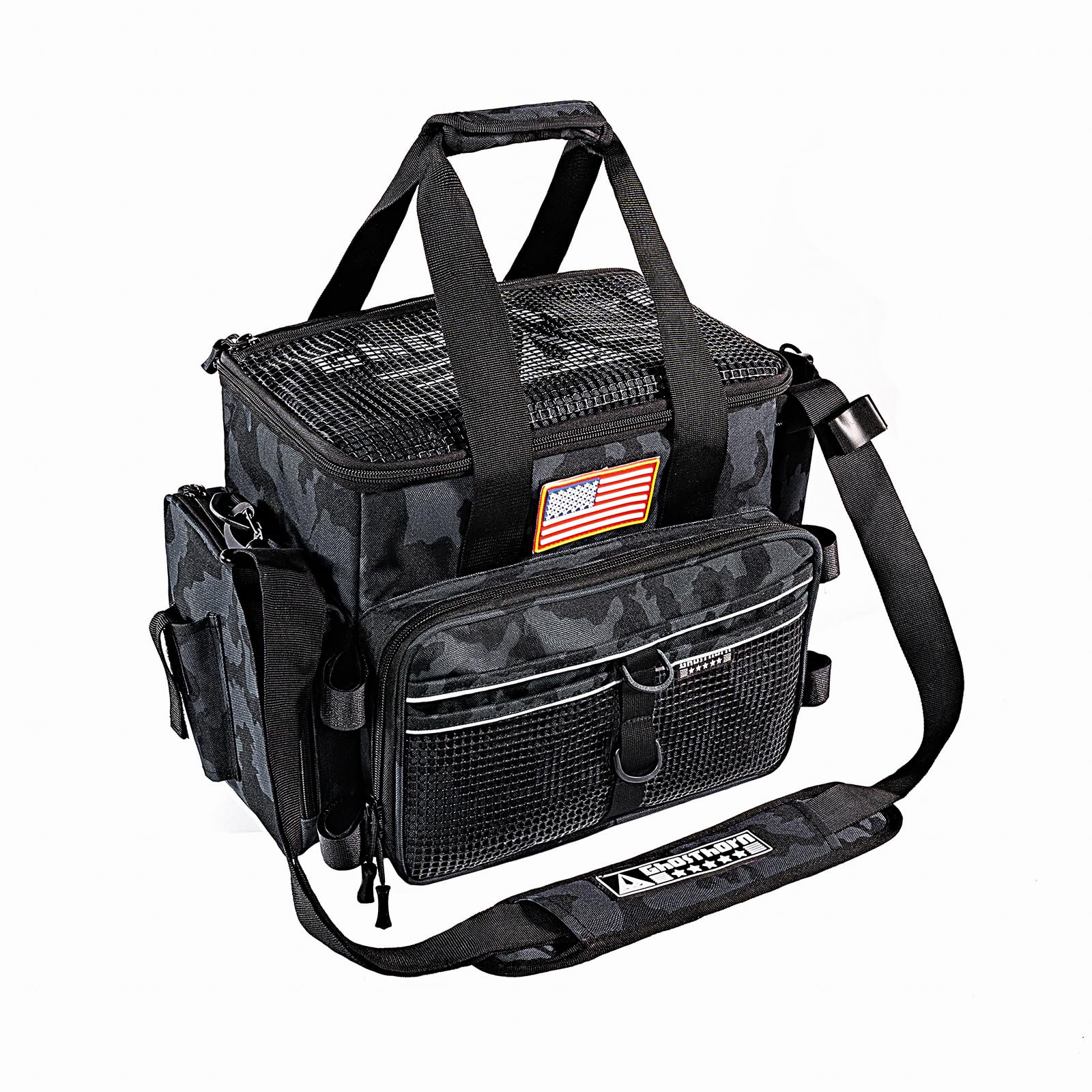 Ghosthorn Fishing Tackle Bag with Rod Holder Saltwater & Freshwater Resistant Tackle Box Bag - Adjustable Padded Shoulder Strap (Black Camouflage)