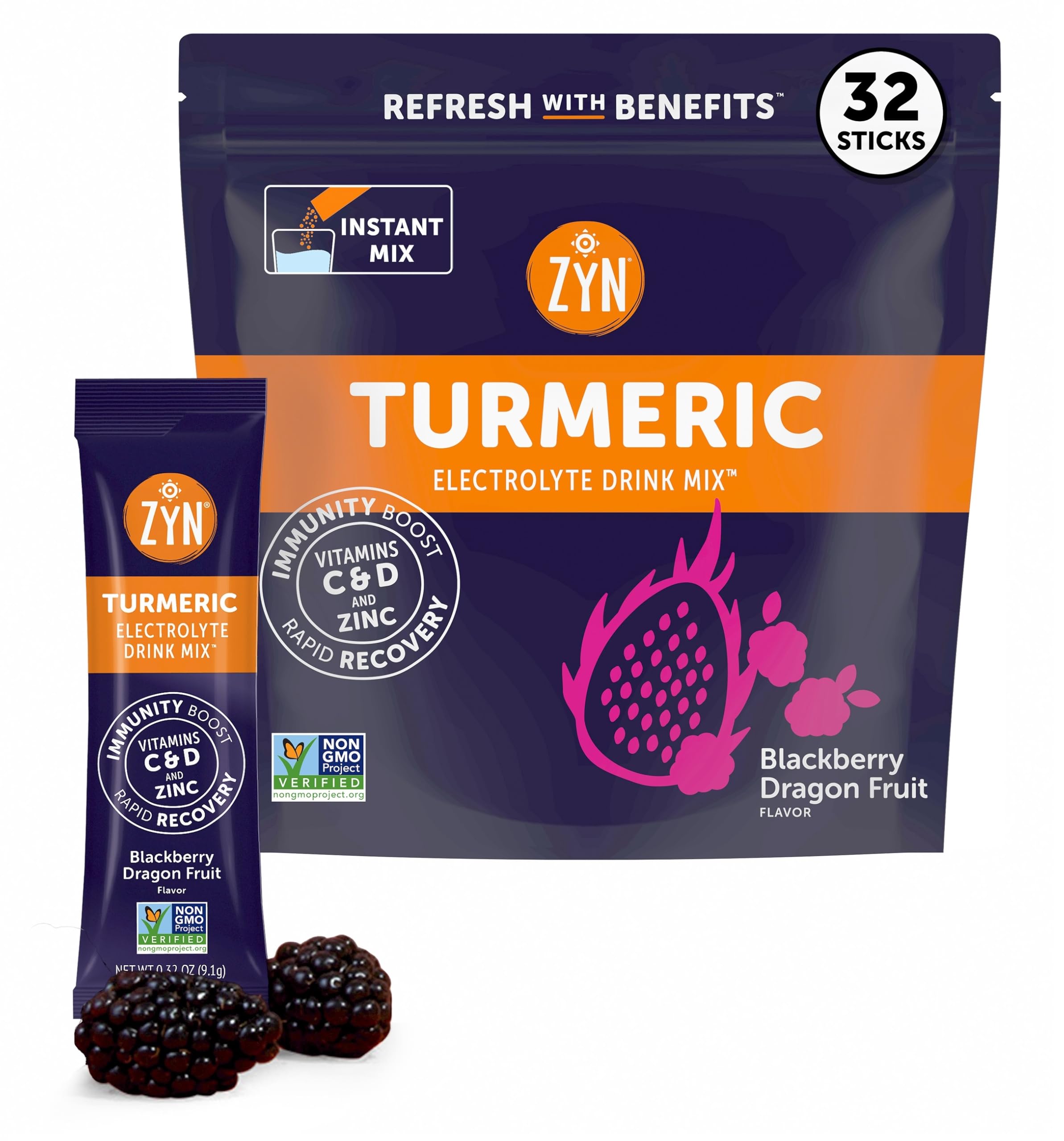 ZYN Electrolyte Drink Mix Hydration Packets (32 Servings), BlackBerry Dragonfruit Electrolytes Powder, Hydration Packets w/Turmeric Curcumin, Vitamin C & D, Zinc, Hydrate & Recover Electrolyte Powder
