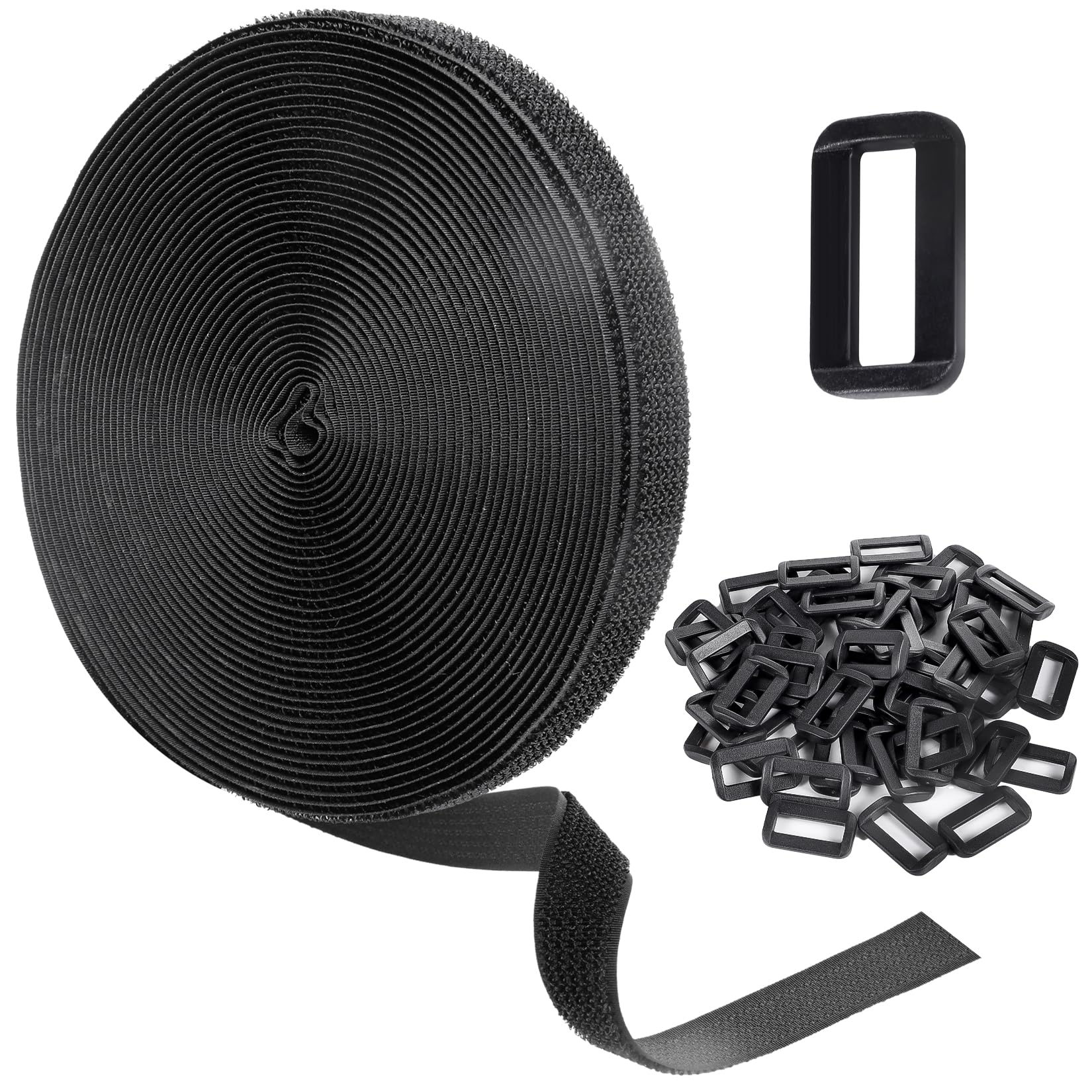 Vseer Black 10M Adjustable Cable Straps With 50 Buckles, Free Cut Length, Reusable Fastening Cable Ties, Hook And Loop Securing Strap For Cable Tidy, Wire Management, Cord Organiser (2Cm X 10M)