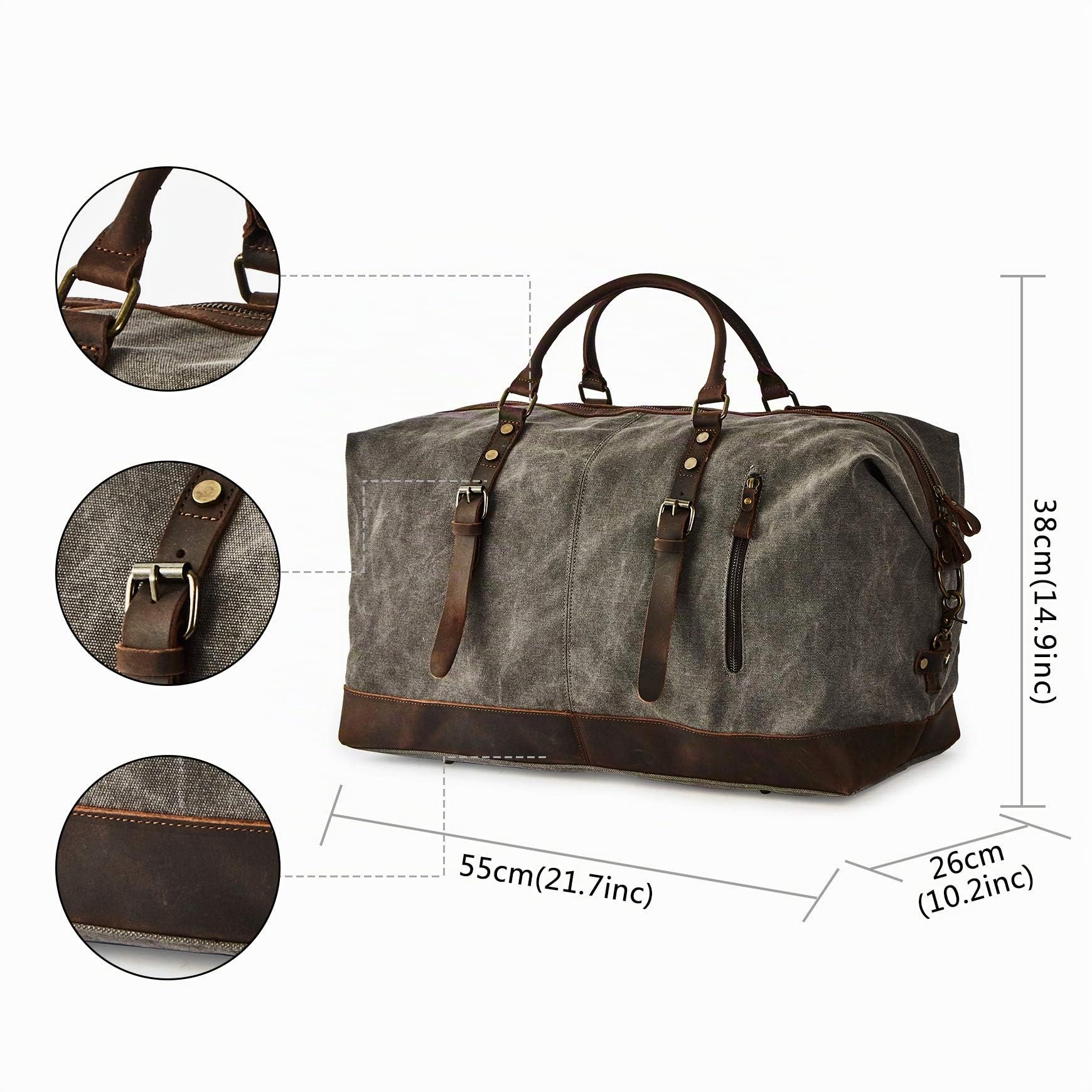 Vintage Reisetasche aus gewachstem Segeltuch und Leder, Wasserdicht Sporttasche mit Schuhfach, Handgepäck Verstellbar Schultergurt für Damen und Herren, Grau