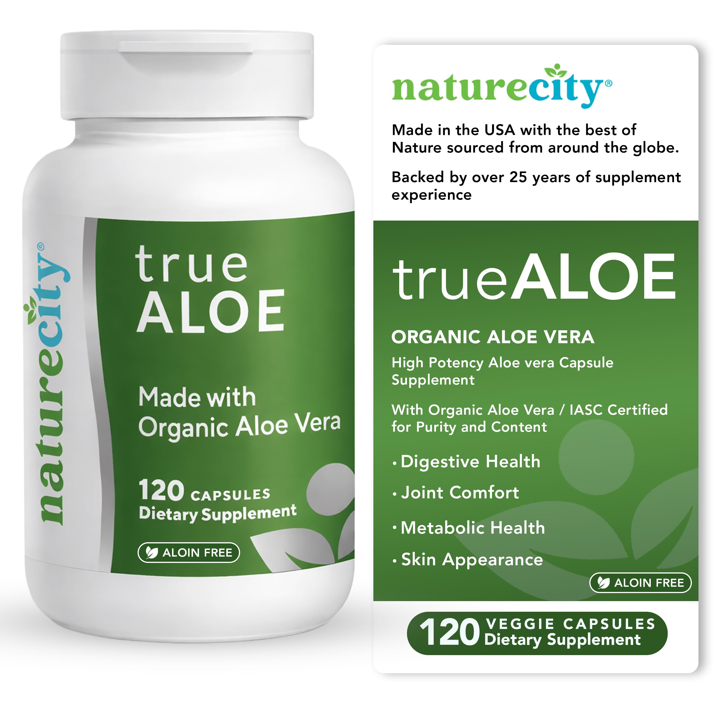 NatureCity TrueAloe Organic Aloe Vera - Digestive Support, 120 Capsules