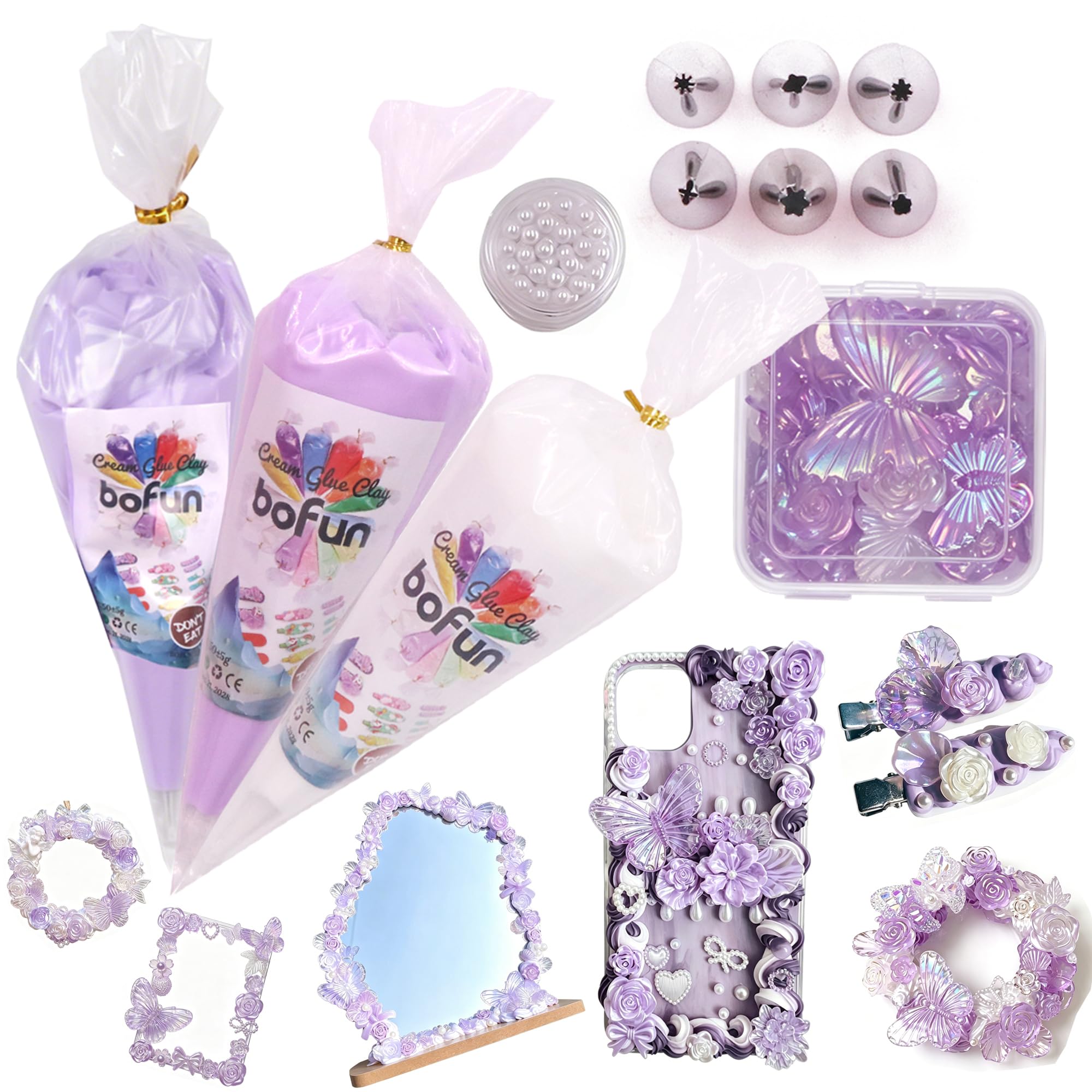 Bofun Purple Whipped Cream Glue Handmade Set, Ideal for Miniature, Jewelry & DIY Phone Cases, with 3 Decoden Cream, 6 Tips, Pearl& Resin Packs (Purple/Pearl)