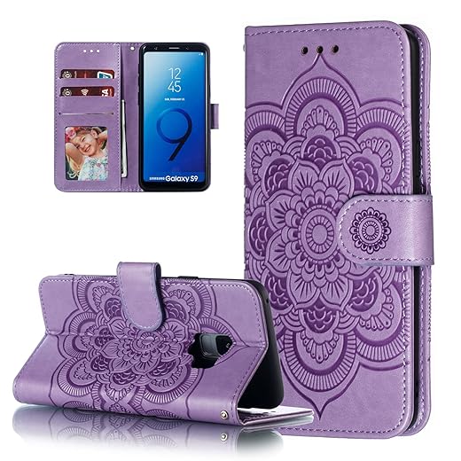 EYZUTAK Mandala Case for Samsung Galaxy S8, Premium Leather Flip Wallet Card Slots Magnetic Stand Protective Cover Ultra Slim Case with Lanyard, Embossed Flip Cover-Purple