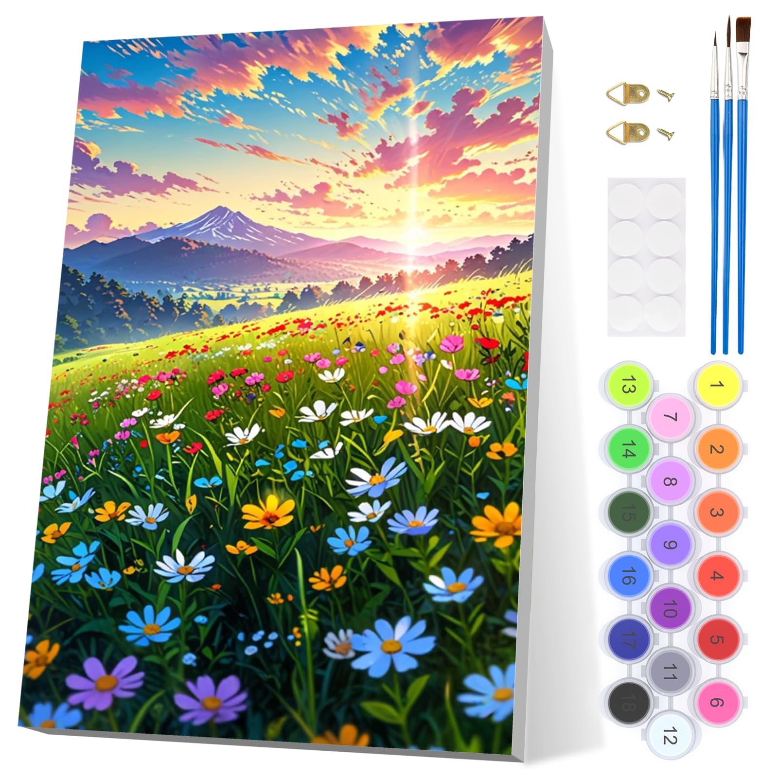 EOBROMD Mountain Landscape Paint by Numbers for Adults with Frame, Sunset Flowers Paint by Numbers Kits, Acrylic Easy Painting by Numbers for Gift Home Wall Decor 8x12in — image 1