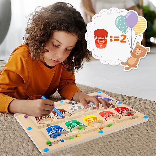 Miniatura 3 de PAISHENKEJI Laberinto magnético de color y números, juego de rompecabezas de tablero magnético de madera para niños pequeños, laberinto de conteo de