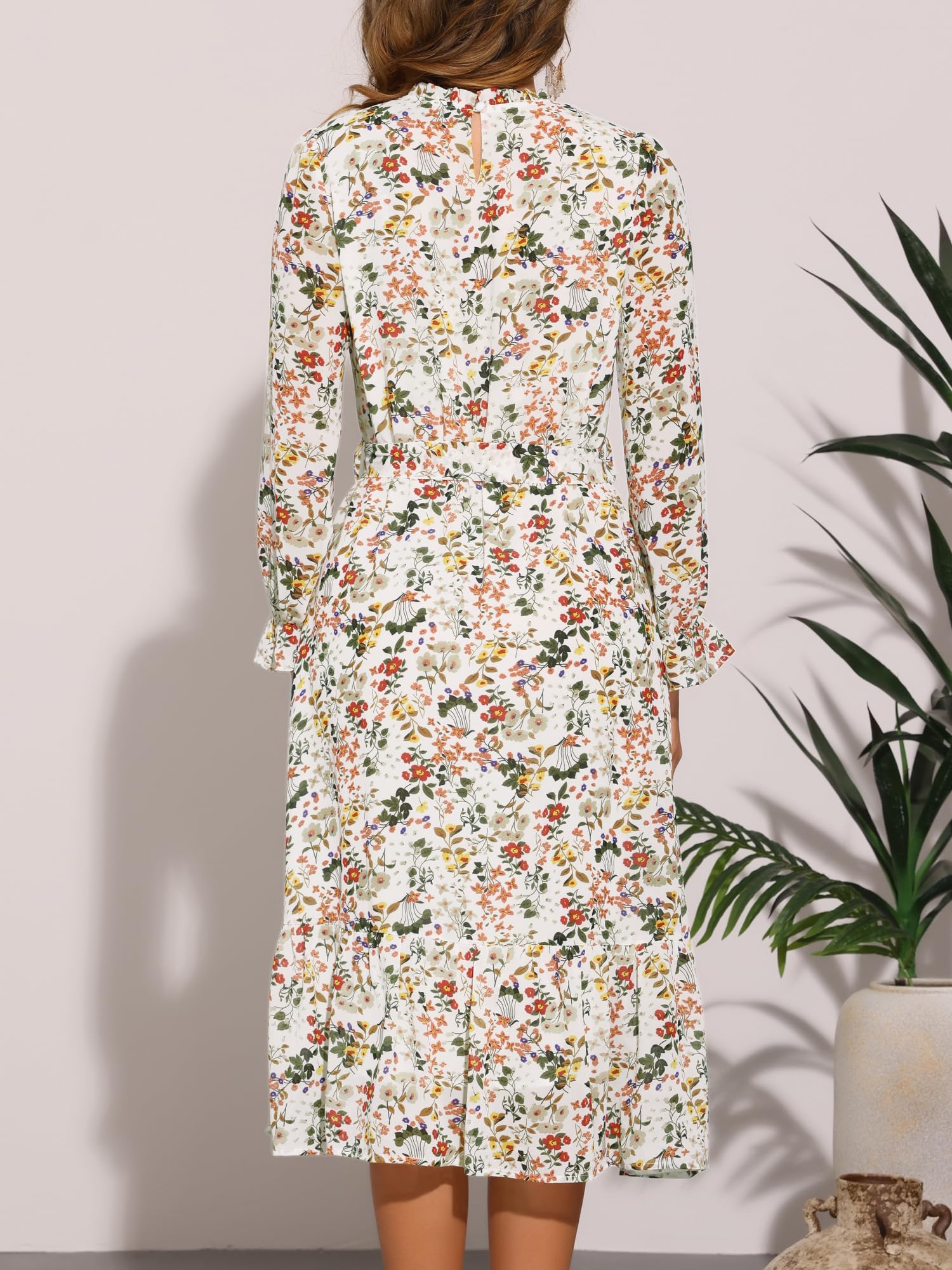 Allegra K Vestido floral casual de otoño para mujer, manga larga, cuello redondo, gasa, vestido midi con volantes para fiesta de té