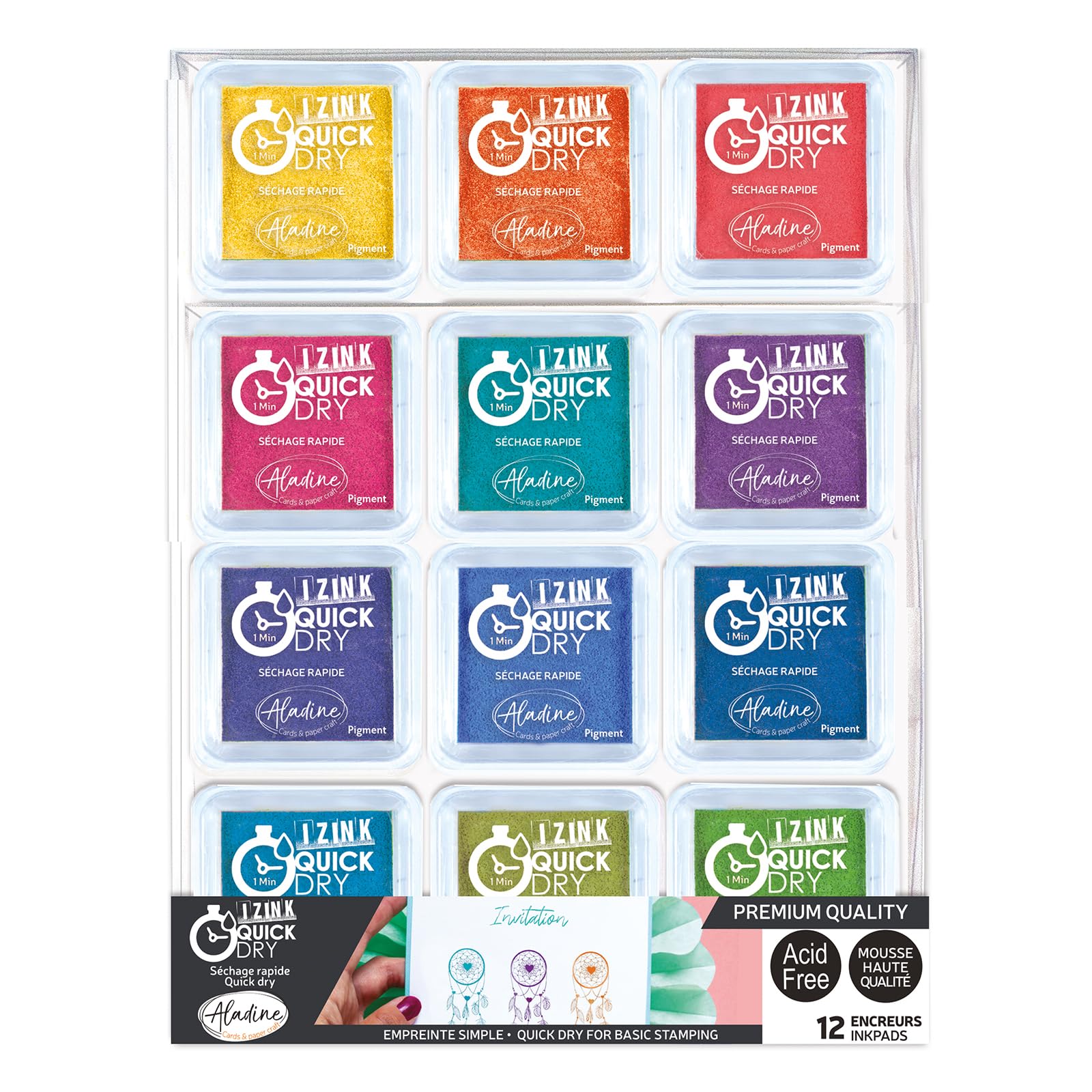 Aladine Set of 12 Quick Dry Ink Pads Medium, Multi-Colour, Universal