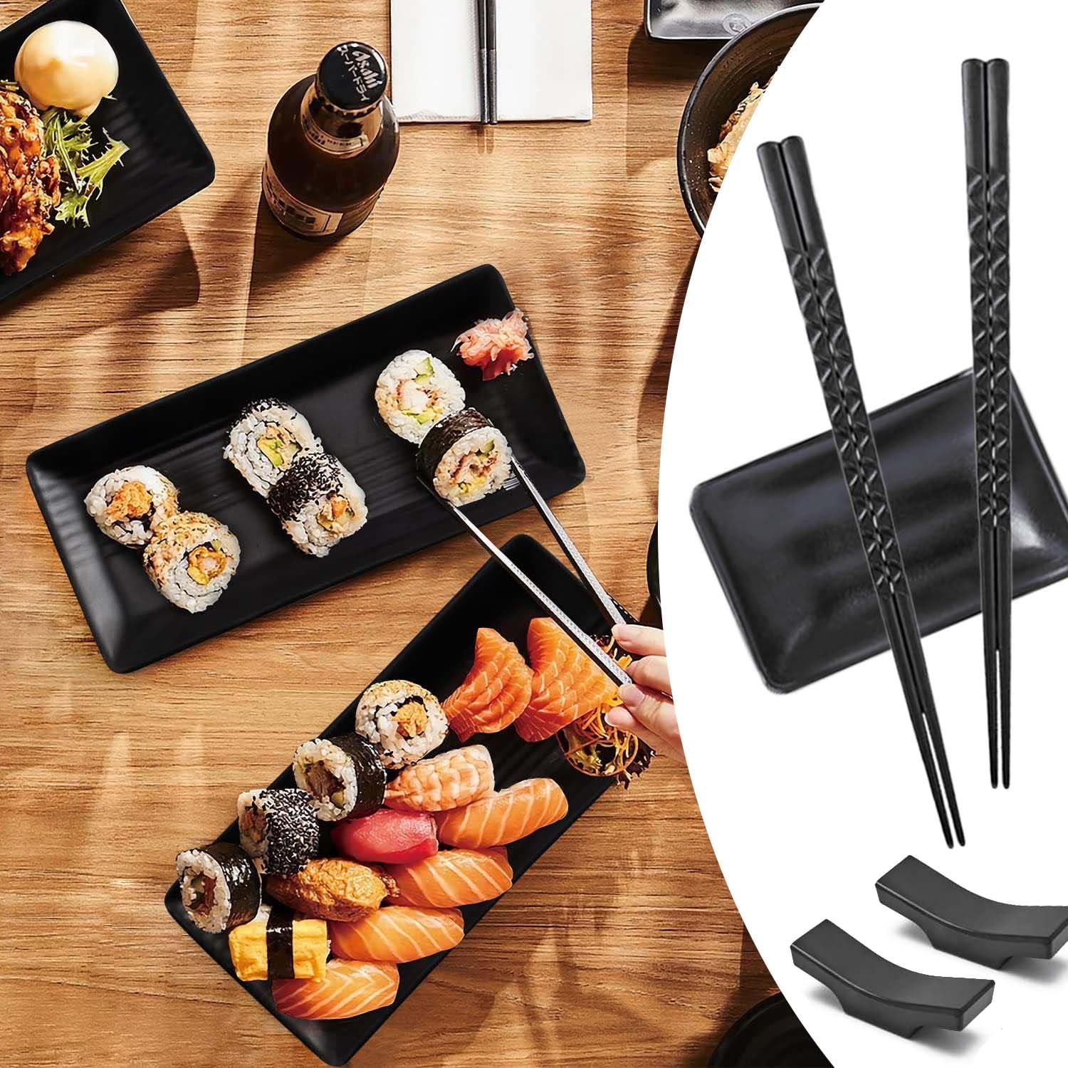 Set Sushi Per 2 Persone Nero - Piatti, Bacchette E Portabacchette In Melamina, Lavabile In Lavastoviglie - Foto 12