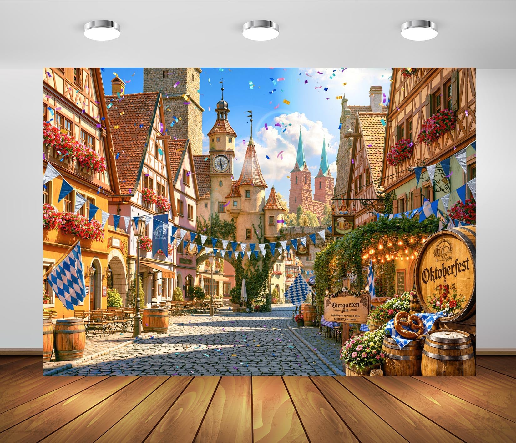 BELECO 4.6x2.5m Sfondo tessuto Oktoberfest decorazioni festa birra bavarese banner stampato con borgo antico bavarese arredo interno accessori pratici per shooting fotografici domestici