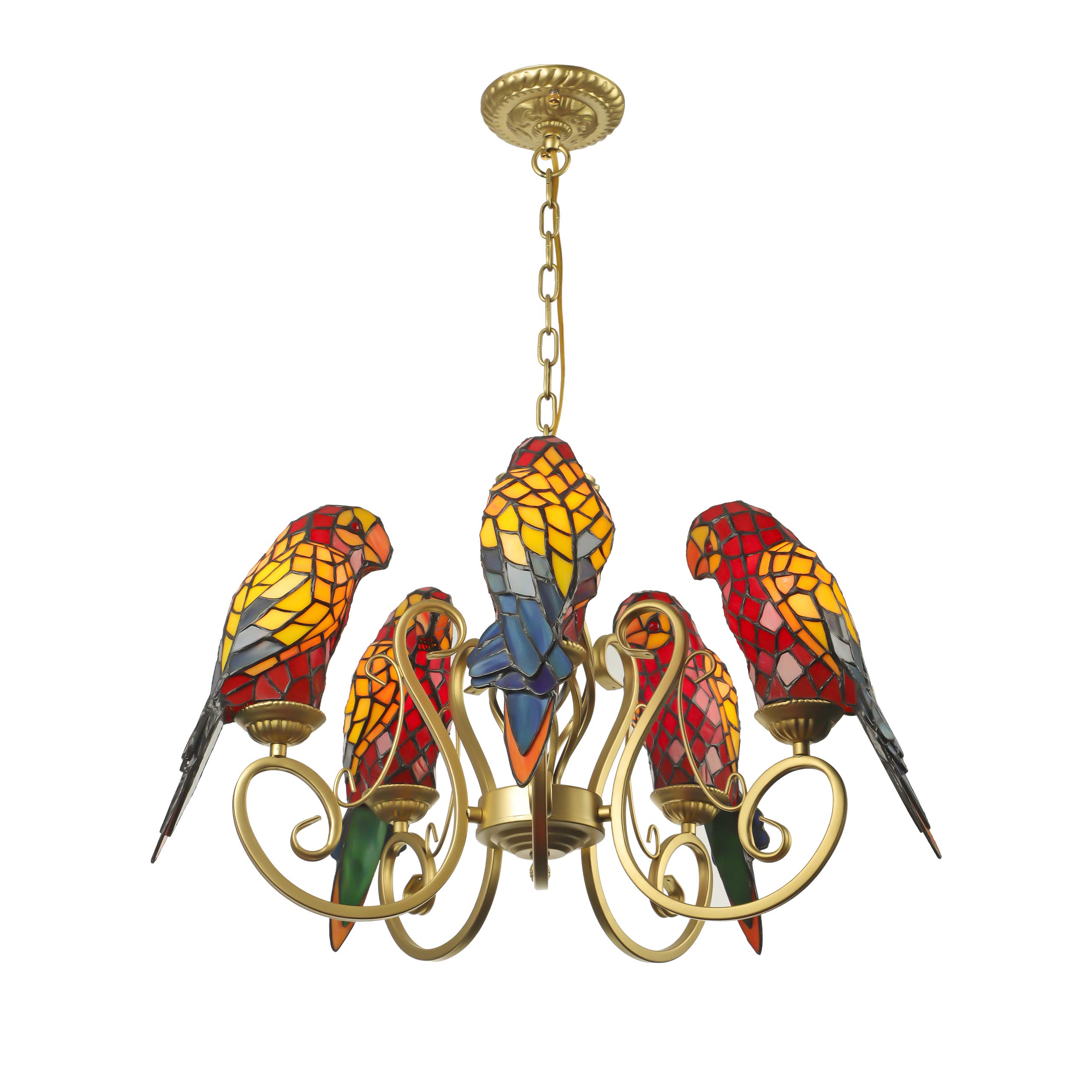 Parrot Chandeliers Tiffany Pendant Lamp 5 Lights Chain Adjustable Industrial Lighting Stained Glass Shade Bird Ceiling Pendant Light Hanging Fixture for Kitchen, Bedroom, Restaurant in Red