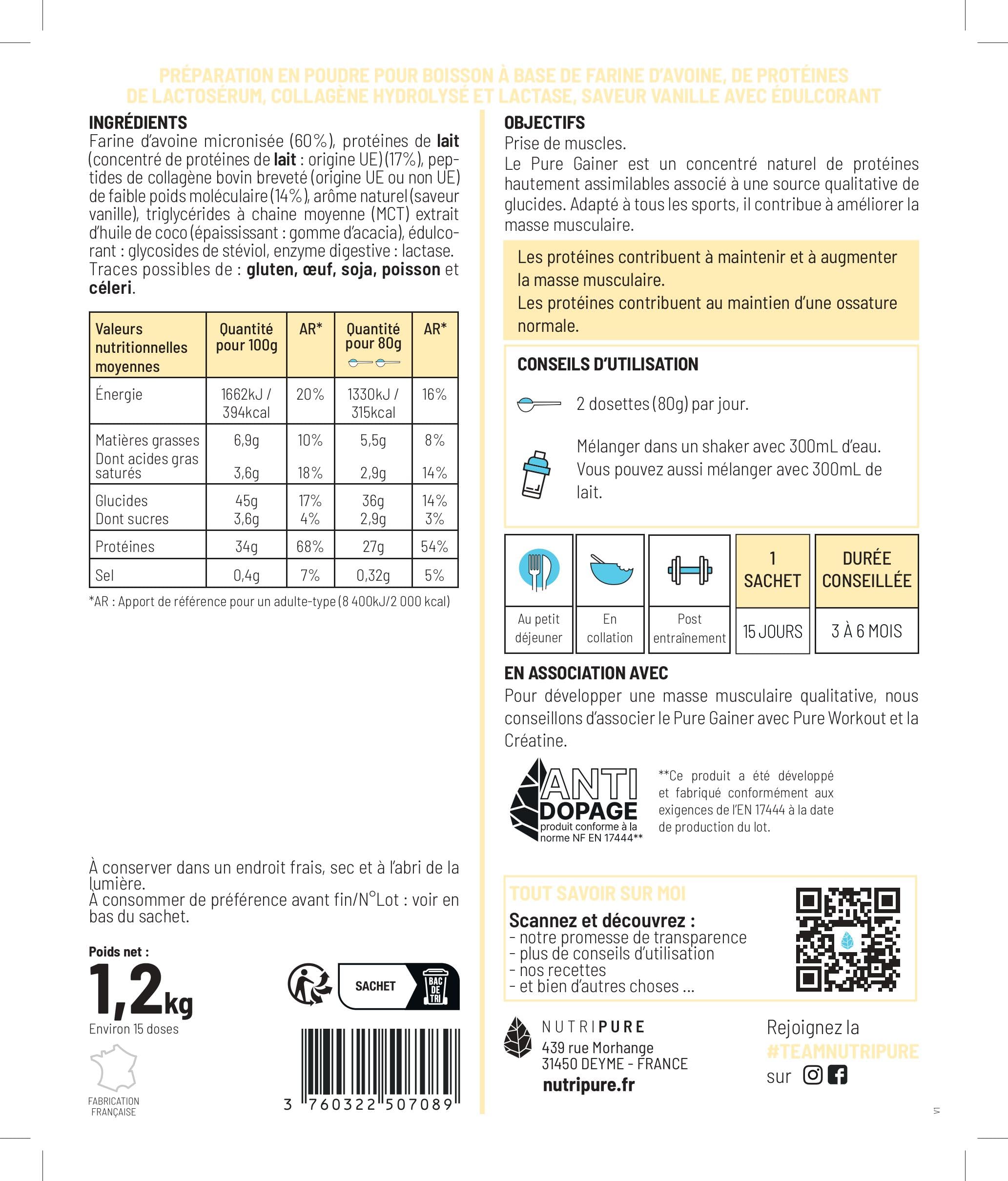 Nutripure - Pure Gainer - Prise de Masse Sèche - Goût Vanille - 1,2 kg | Développement Musculaire - Whey Native, Collagène & Farine d'Avoine - 27g Protéines, 36g Glucides - 15 Doses - Made in France