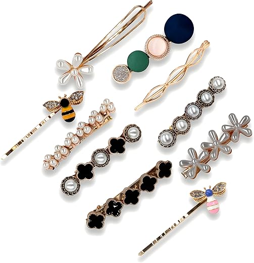 ANNACREATIONS Korean Style Pearl Barrettes Hair Clip, Marble Alligator Bobby Pins Duckbilled Headdress Hair Accessories for Women 10 Count (Pack of 1)