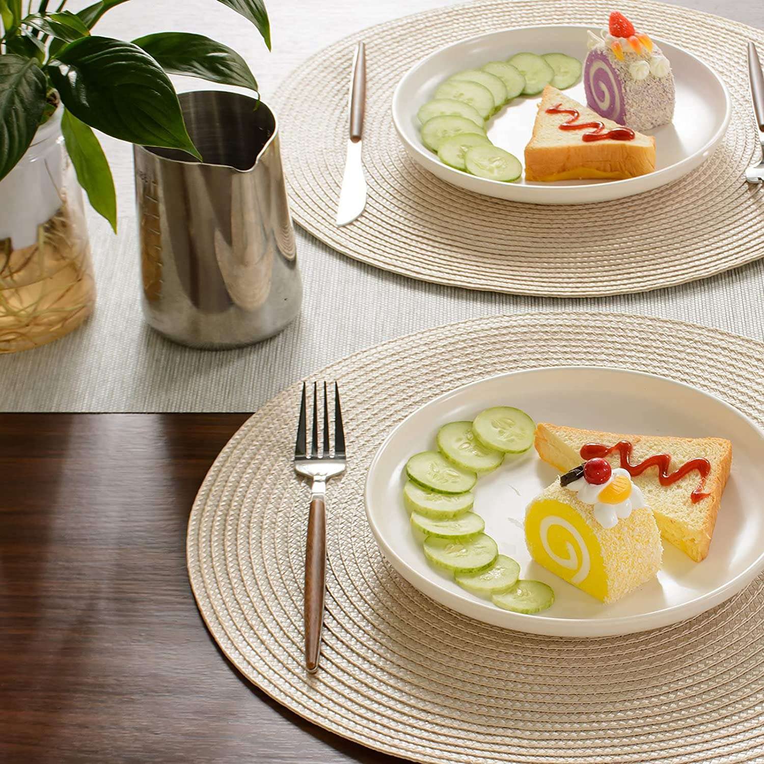 Set van 6 ronde gevlochten placemats voor eetkamer, antislip, wasbaar, geweven, 30,5 cm (beige