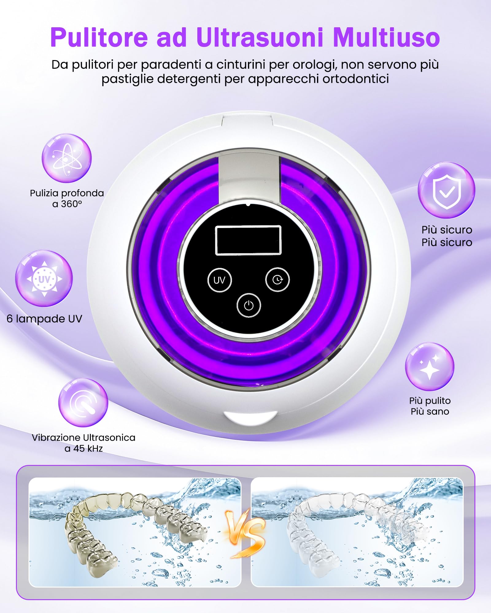 LONGYI Pulitore Ultrasuoni Apparecchio Denti, Pulitore ad Ultrasuoni 45KHZ Dental Pod con 6 Lampade UV, Batteria integrata, 4 Impostazioni del Timer, Pulitore ad Ultrasuoni per Protesi Dentarie