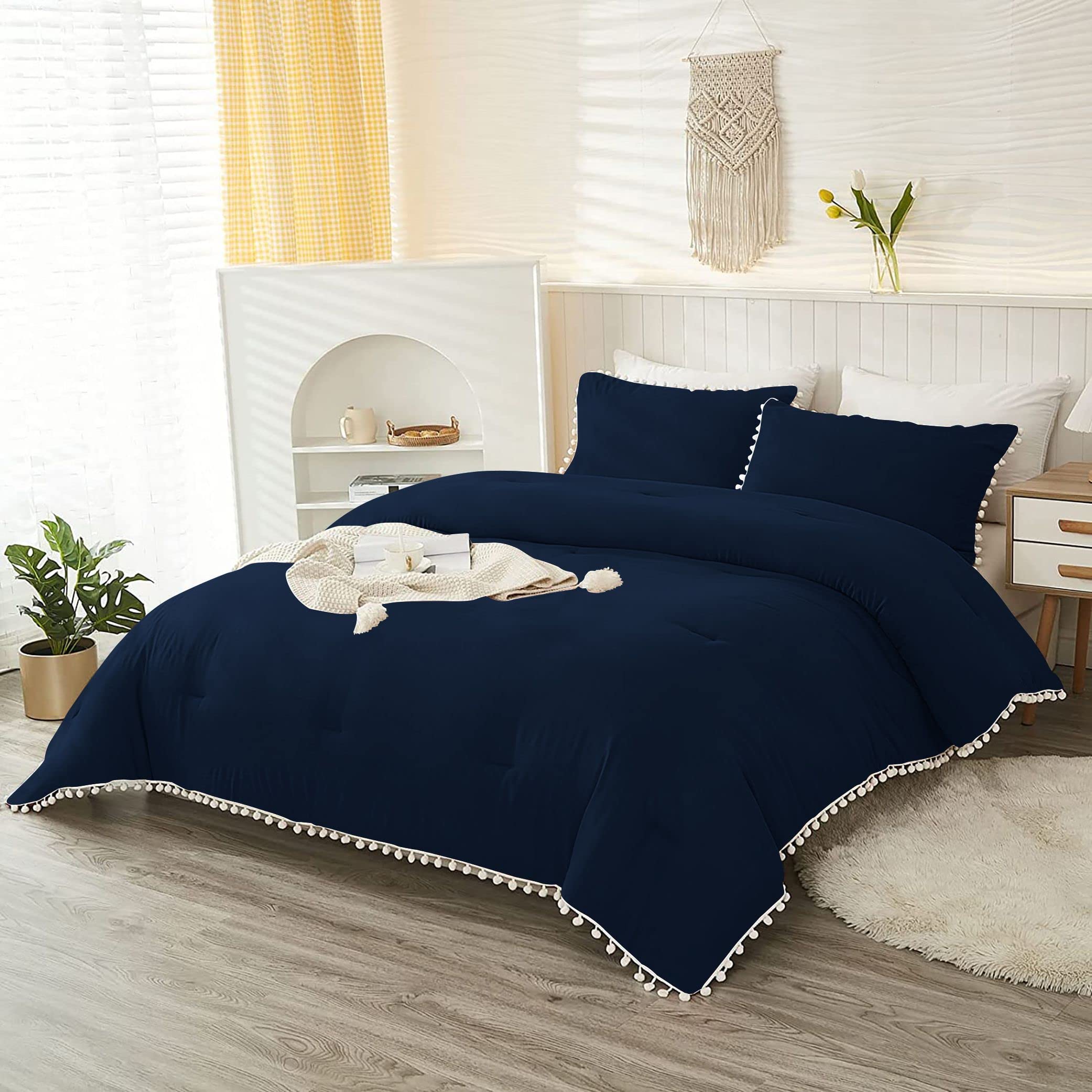 5 Piece White Vintage Pom-Pom Fringe Plain Pattern Comforter Set, 100% Egyptian Cotton with 1000 Thread Count (Super King Size - Navy Color)