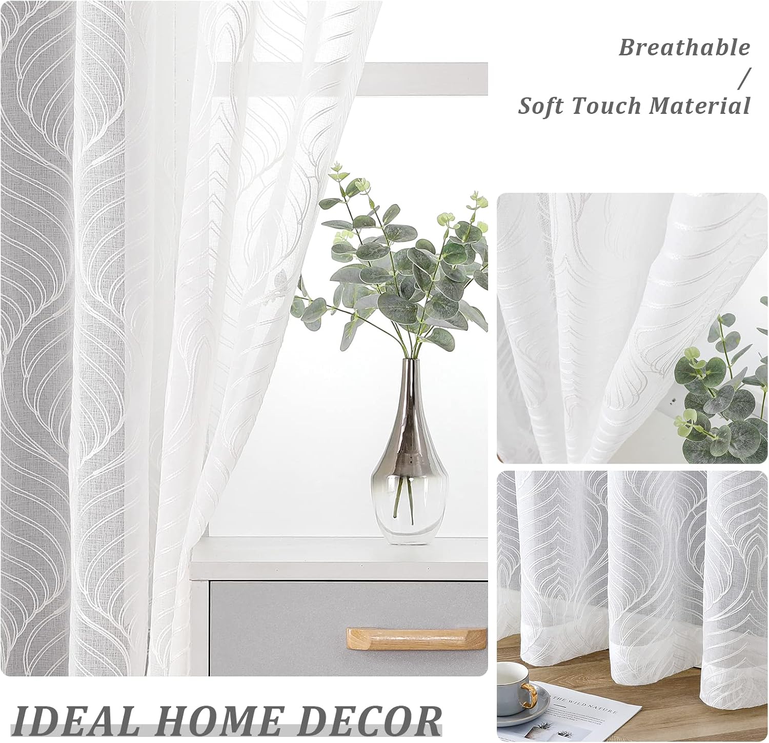 VISIONTEX White Sheer Curtains 108 Inches Long 2 Panels Set Moroccan Embroidery Texture Geometric Rod Pocket Ivory White Voile Tulle Semi Window Treatment Pair for Bedroom Living Room 54 x 108 Inches