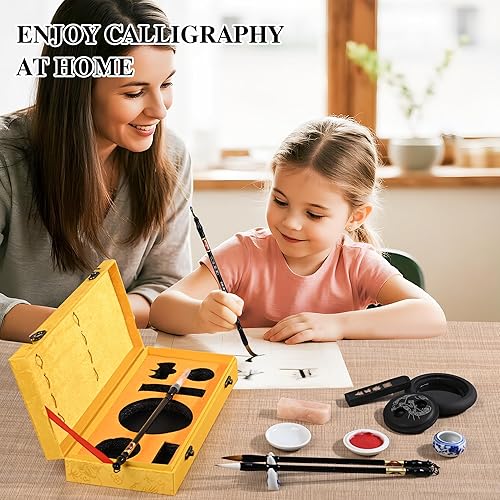 Miniatura 5 de I-MART Juego de caligrafía china para principiantes con 4 pinceles, piedra de tinta, barra de tinta, pasta de tinta roja, sello, cuenco de agua de