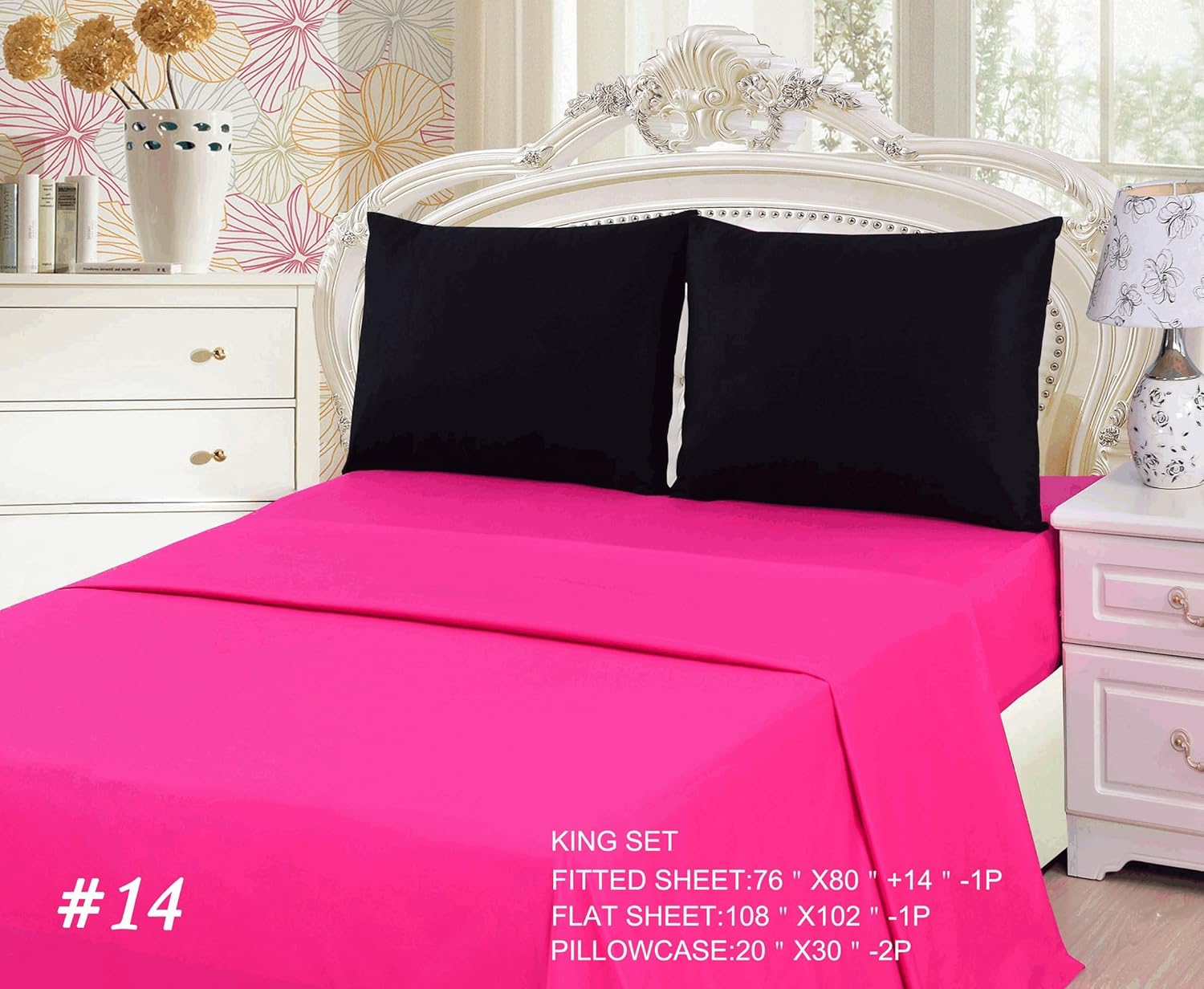 Tache 4 Piece 100% Cotton Solid Bright Hot Pink and Black Superstar Bed Sheet Set, King