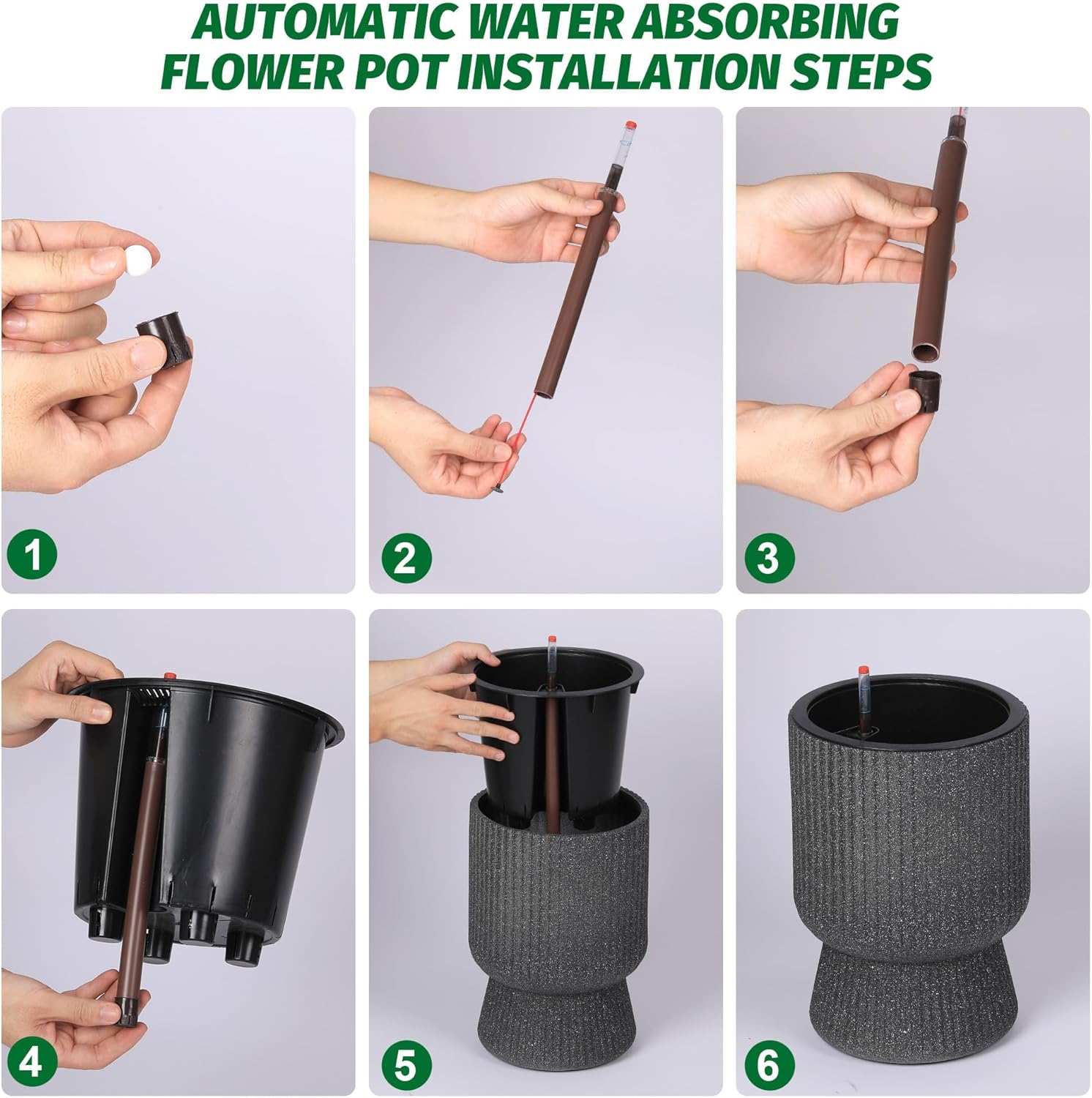 14.2" Tall Planters Set of 2, Indoor Self-Watering Plant Pots, Outdoor Flower Pots with Built-in Drainage and Water Level Monitor for Patio, Porch, Home Garden, Living Room, Marble Black
