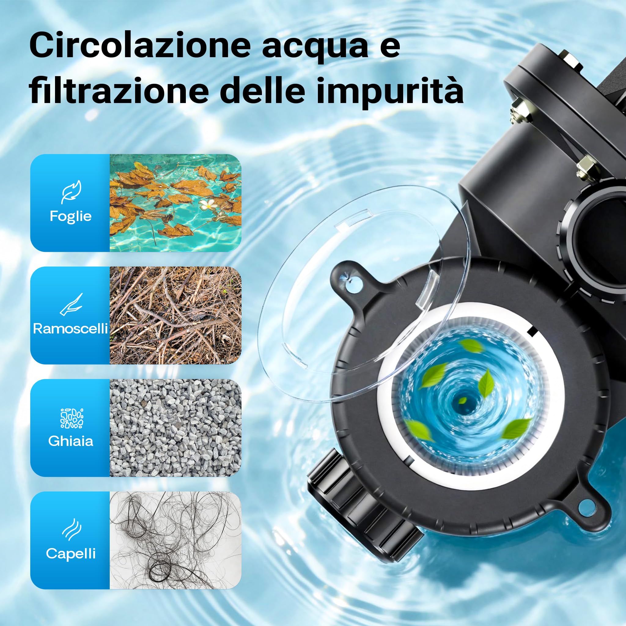 Wiltec Pompa per piscina da 18.600 l/h e 750 W per piscine da 74-110 m³, sistema di pompaggio con prevalenza di 13 m, pompa di ricircolo per piscine